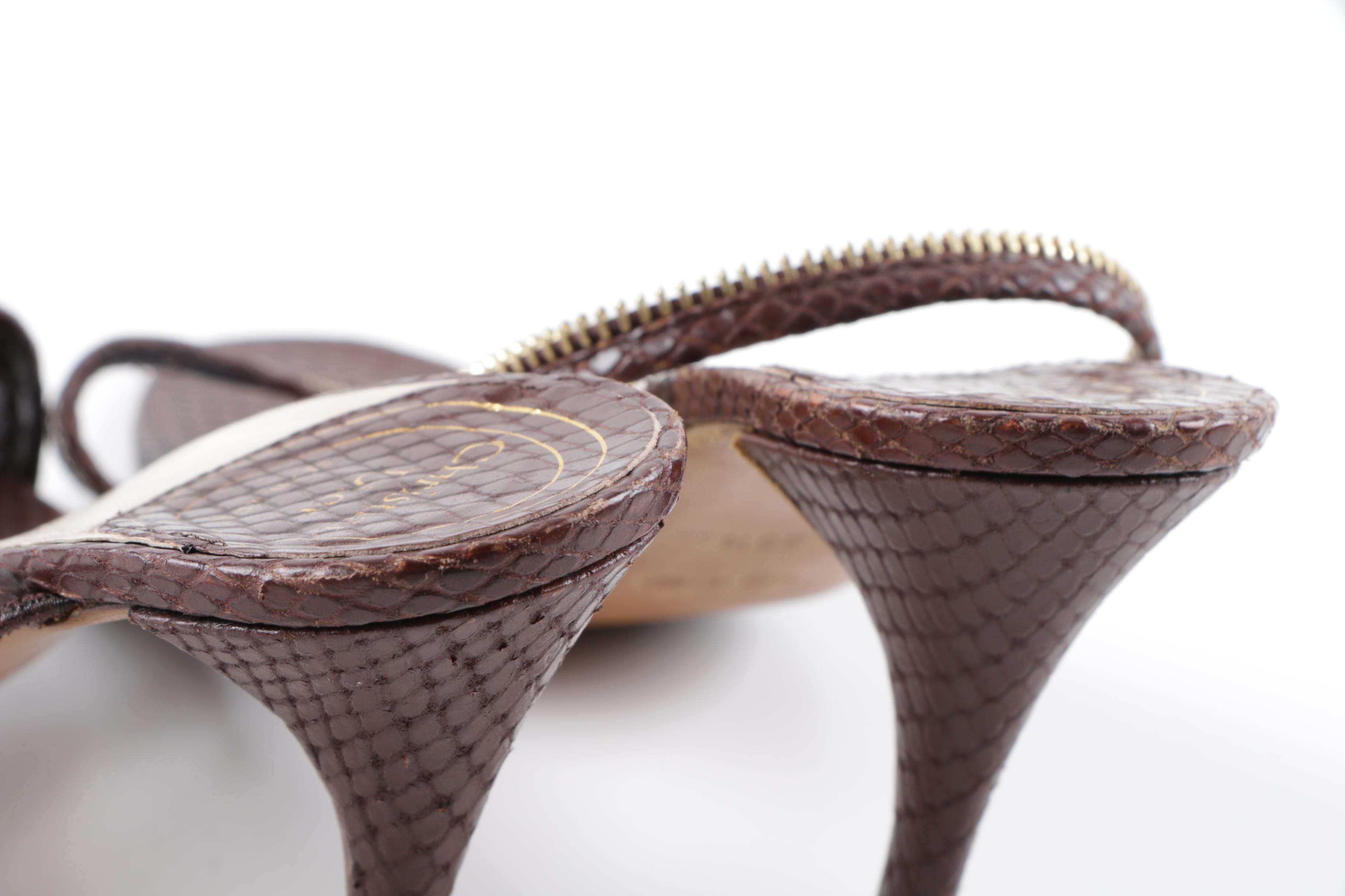 Christian Dior Souliers Brown Snakeskin Embossed Leather Zipper Dress Sandals