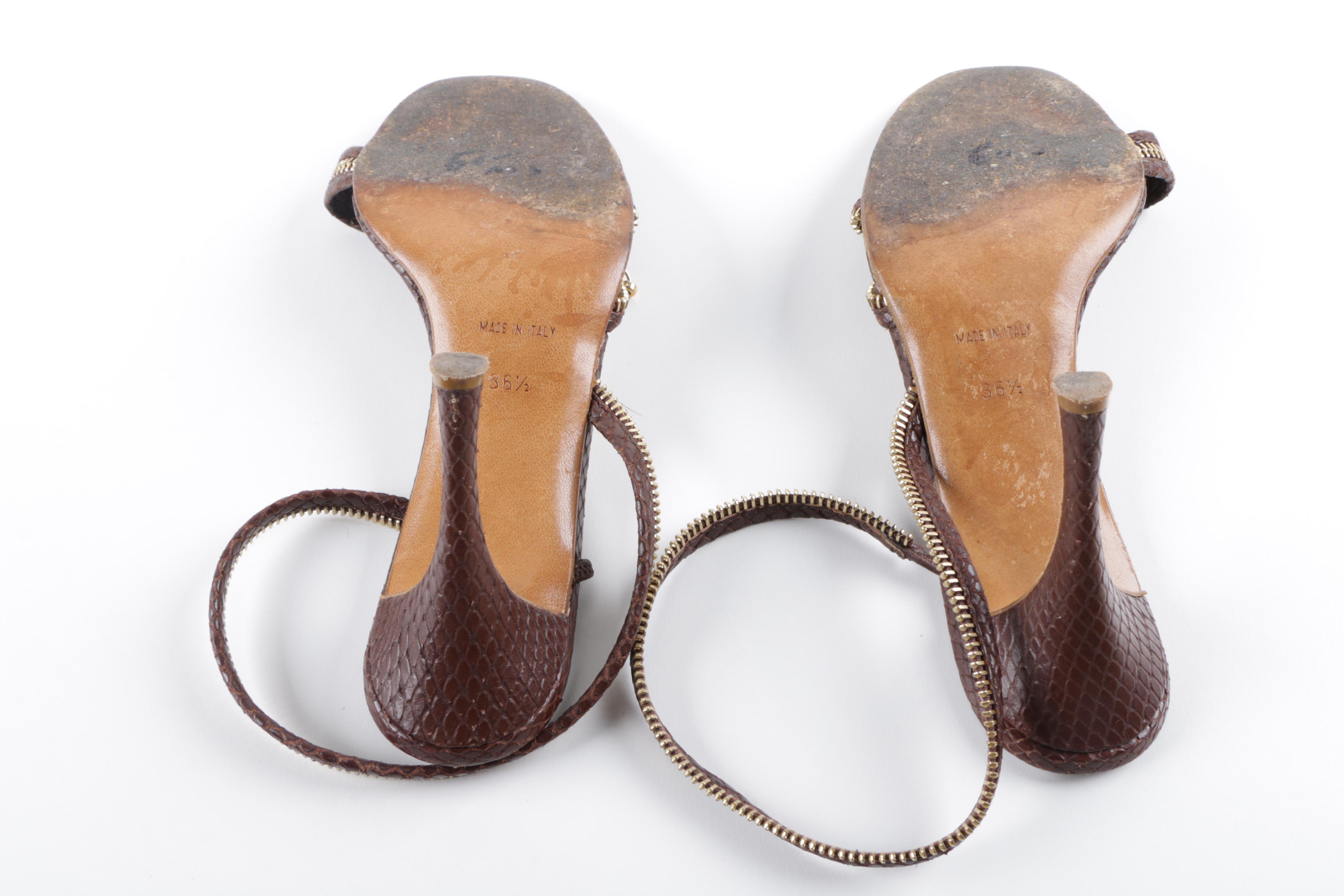 Christian Dior Souliers Brown Snakeskin Embossed Leather Zipper Dress Sandals