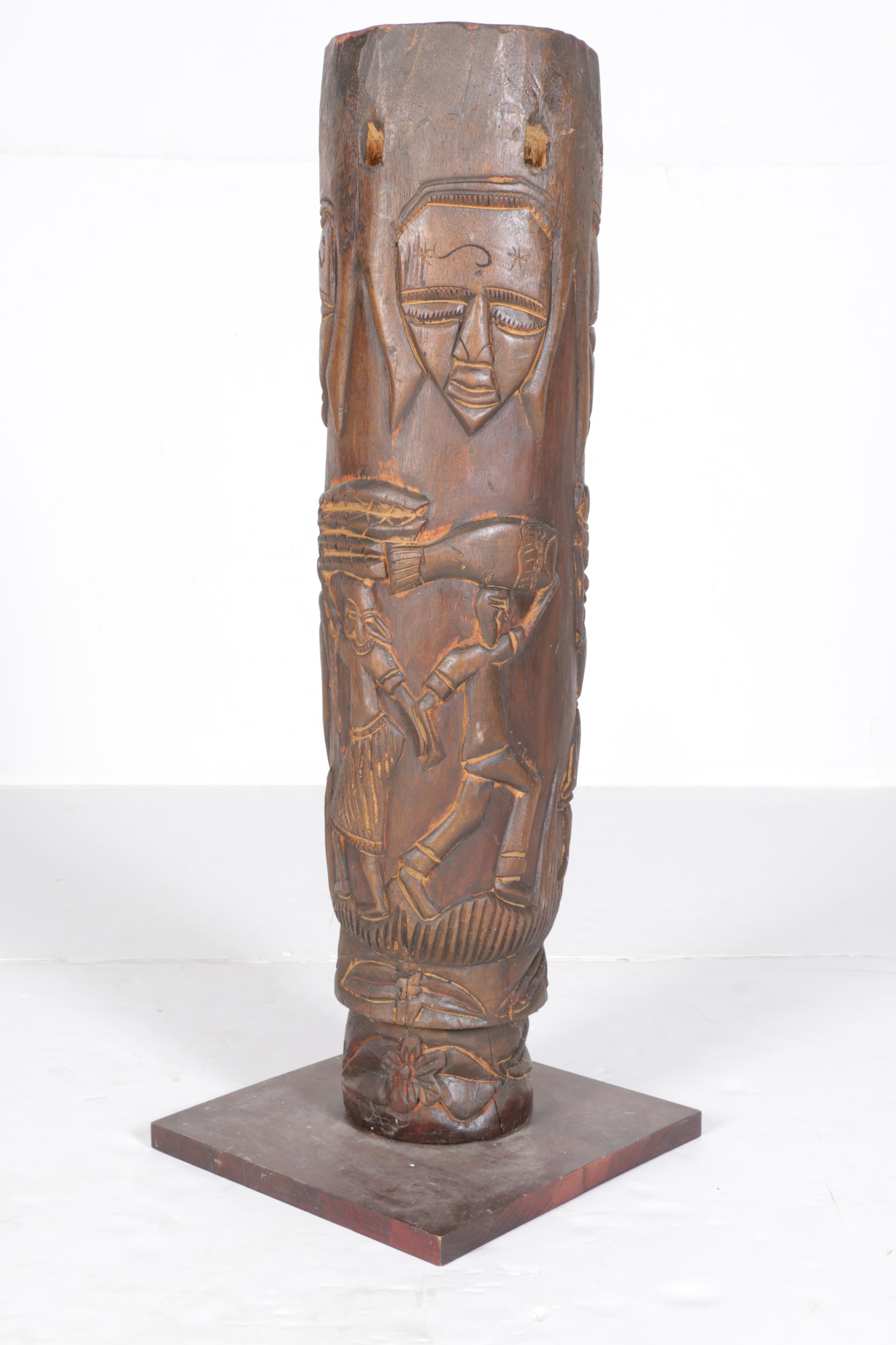 Hand-Carved Wood Ethnographic Figural Vessel with Base