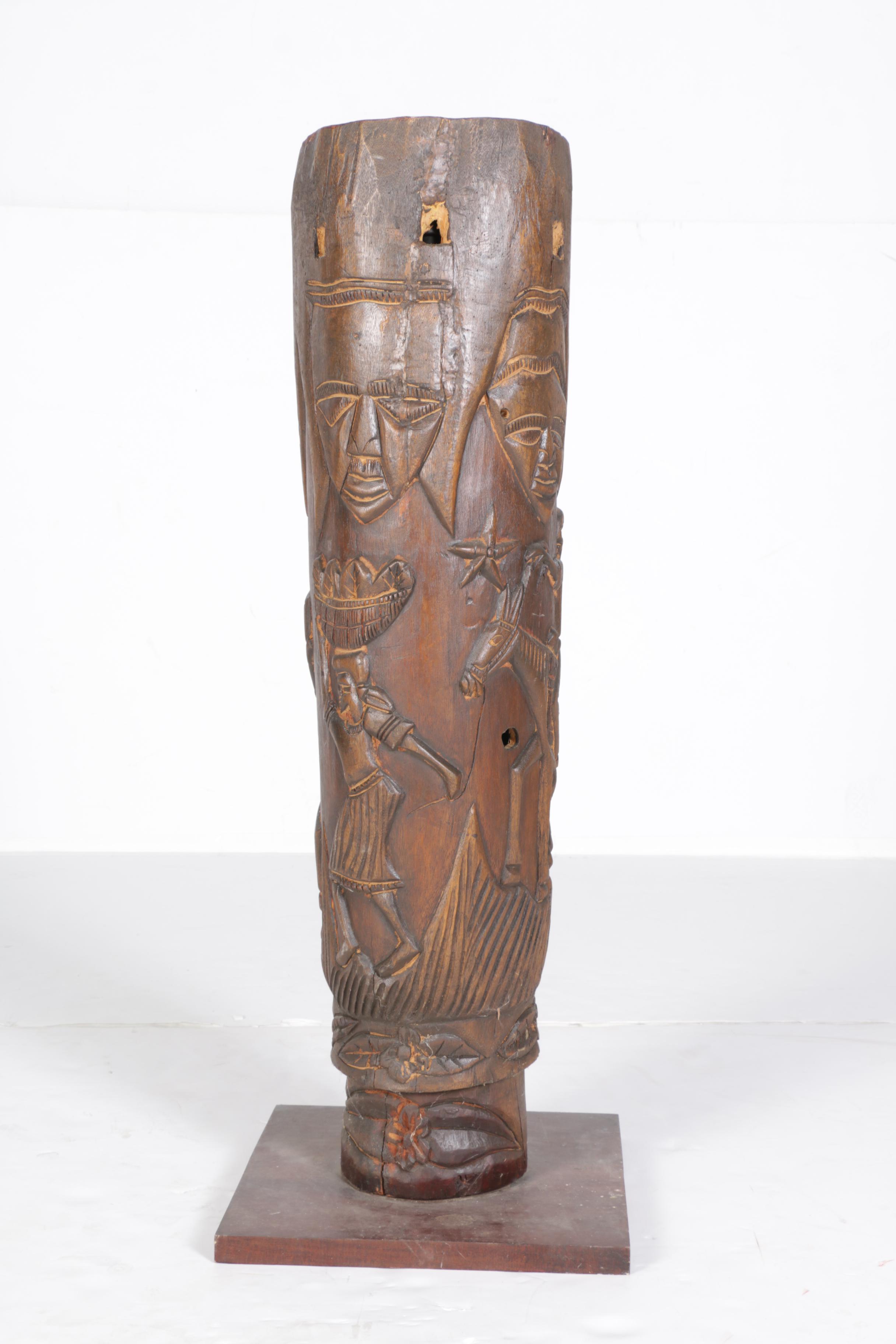 Hand-Carved Wood Ethnographic Figural Vessel with Base