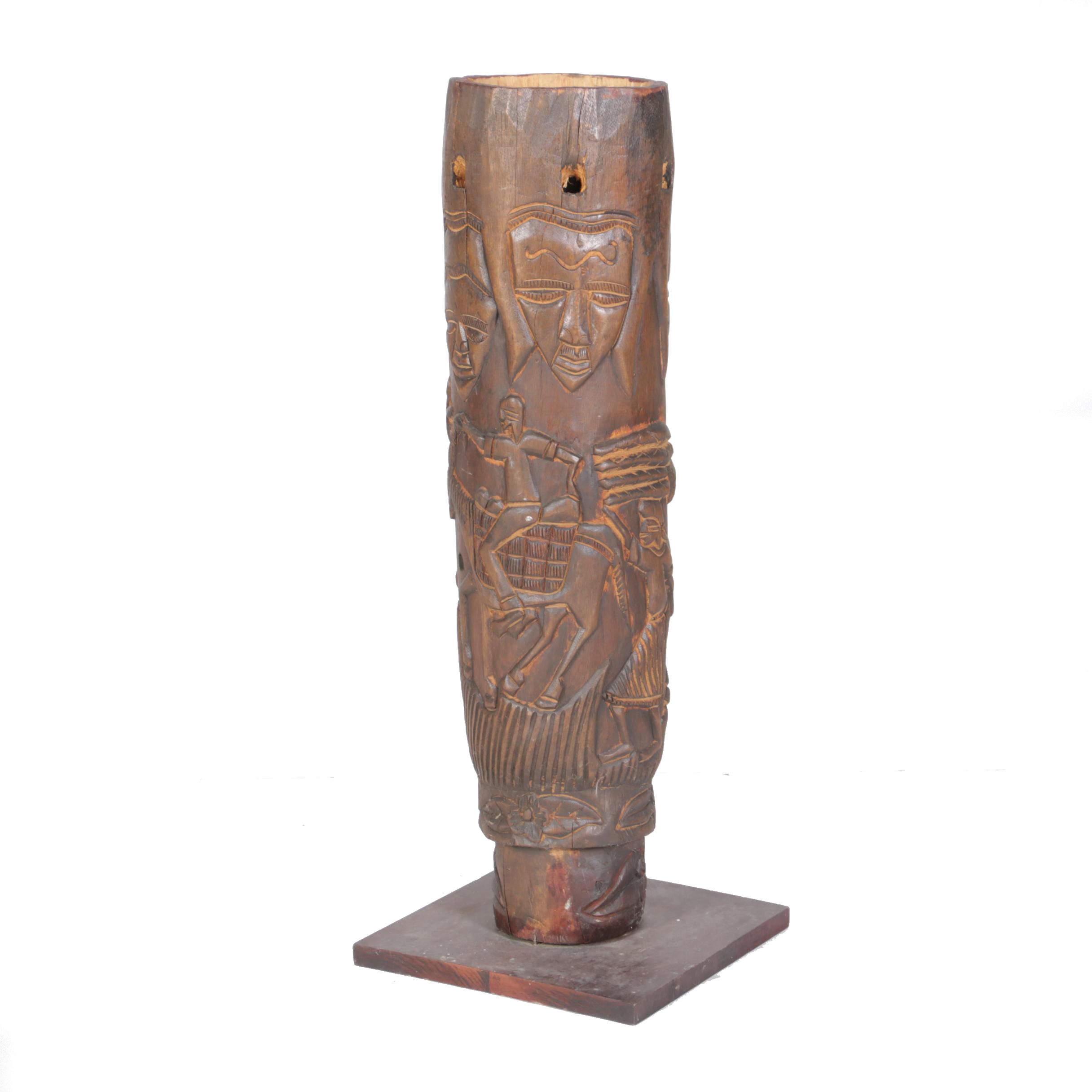 Hand-Carved Wood Ethnographic Figural Vessel with Base