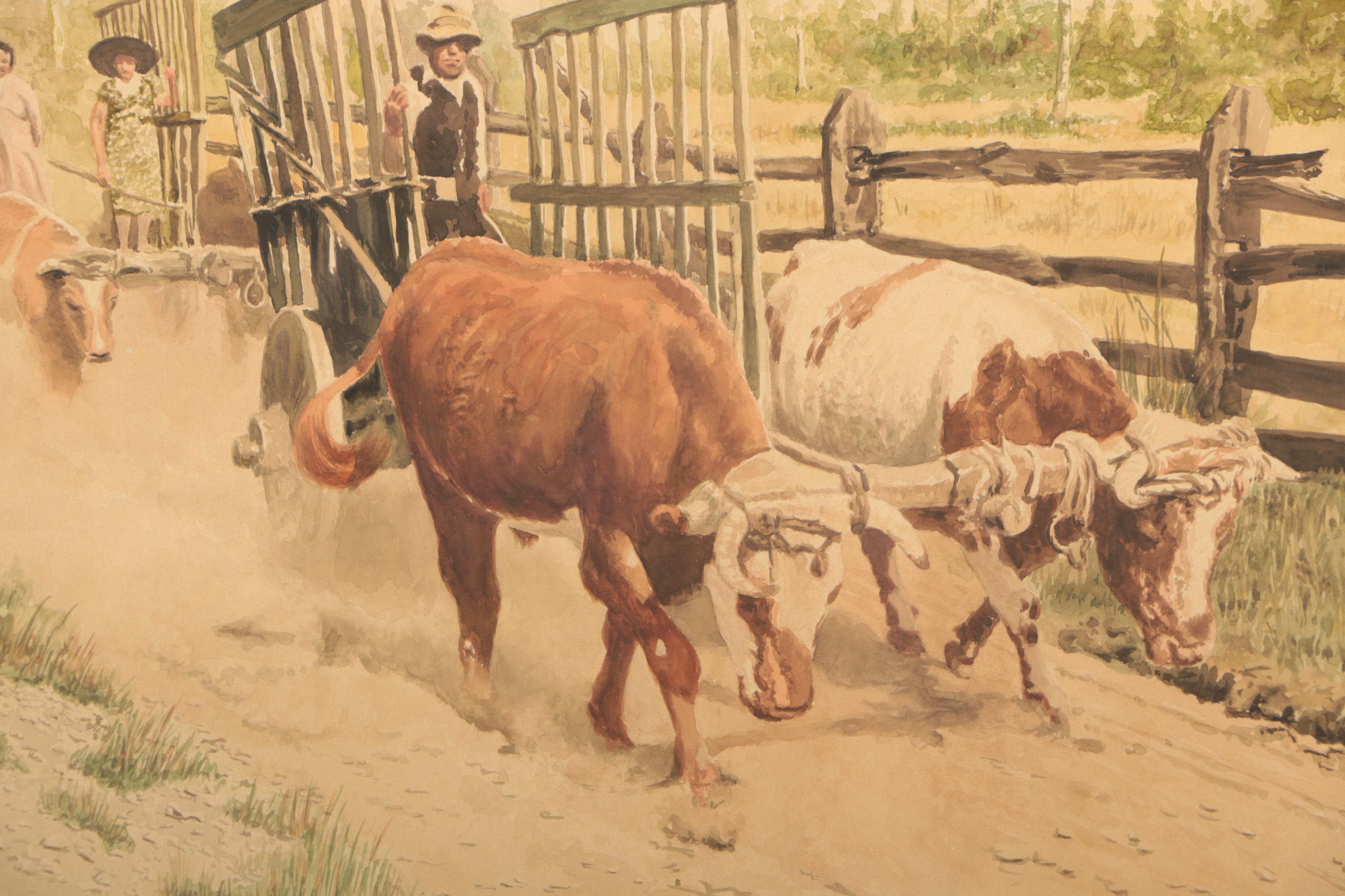 1944 Watercolor Painting of a Bucolic Genre Scene
