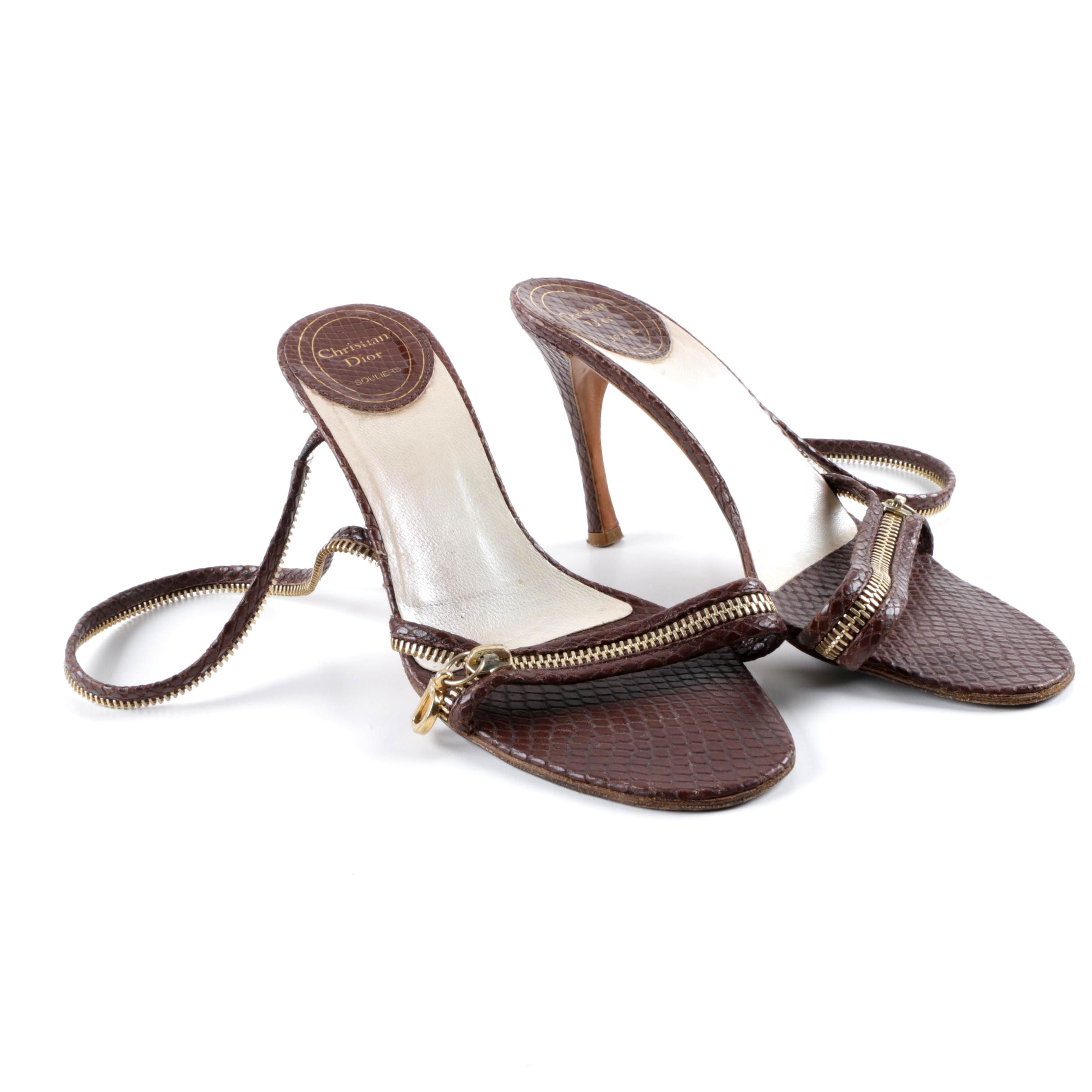 Christian Dior Souliers Brown Snakeskin Embossed Leather Zipper Dress Sandals