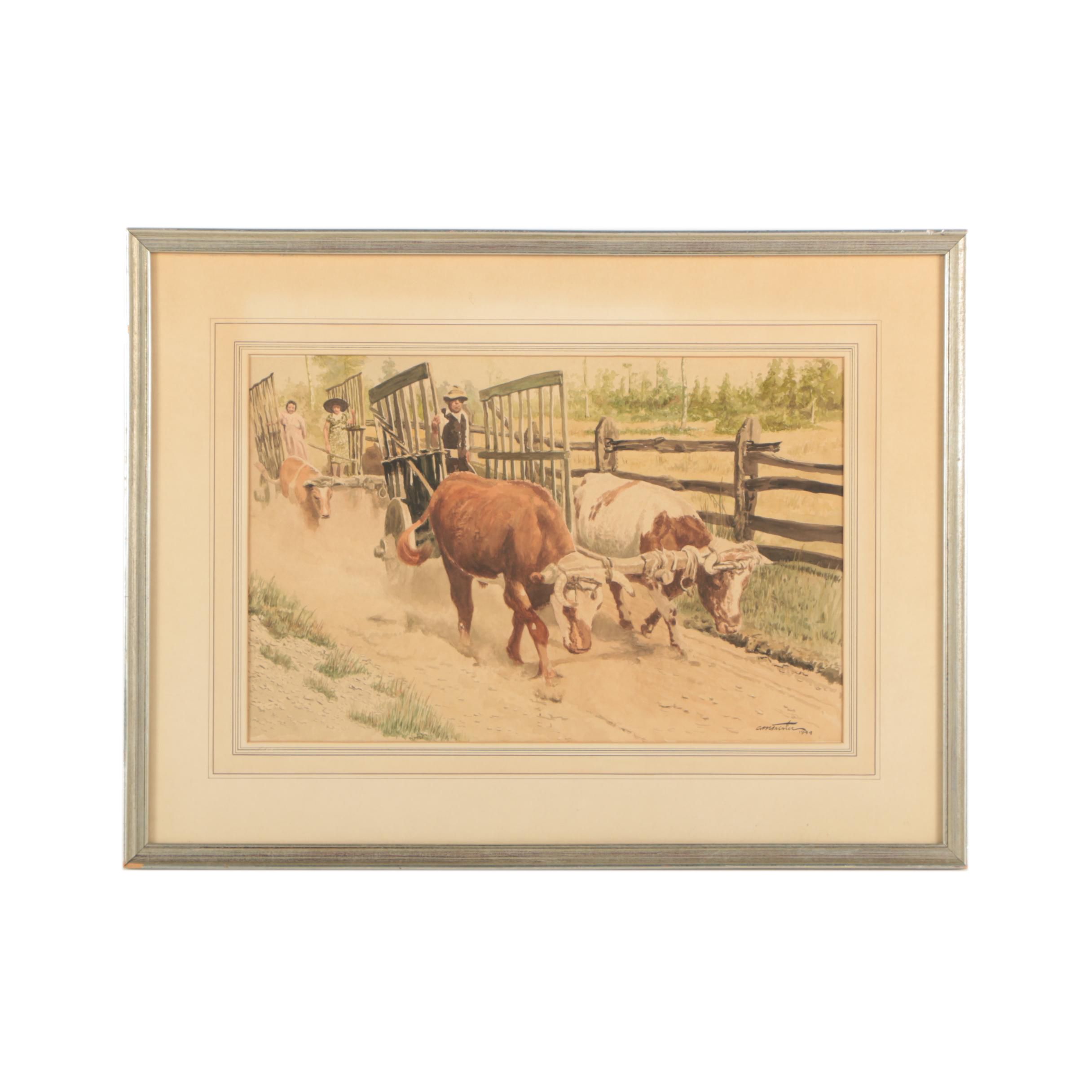 1944 Watercolor Painting of a Bucolic Genre Scene