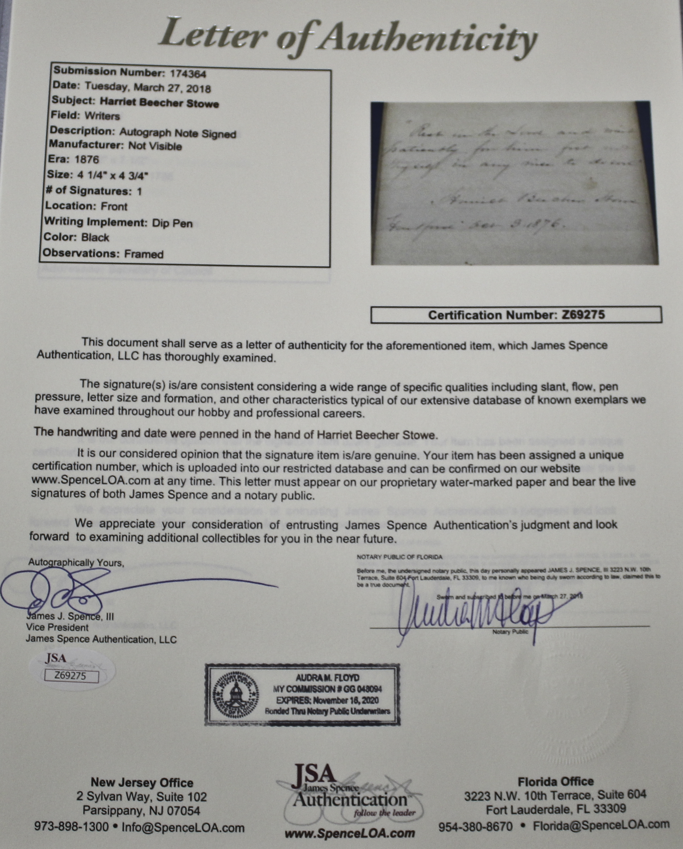 Harriet Beecher Stowe Autograph Note Signed 1876