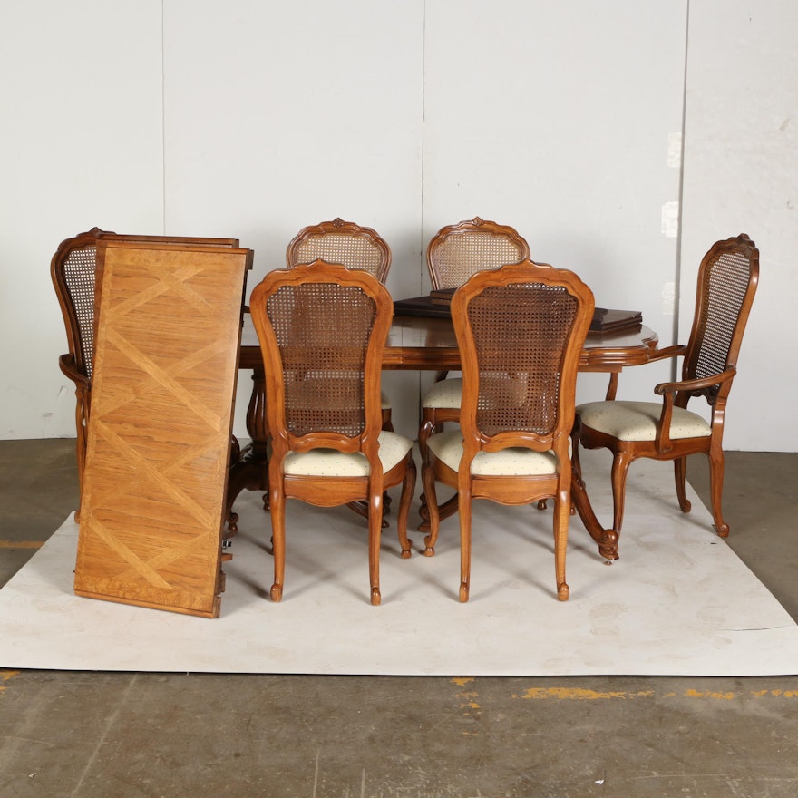 Vintage French Provincial Style Pecan Dining Table with Six Chairs