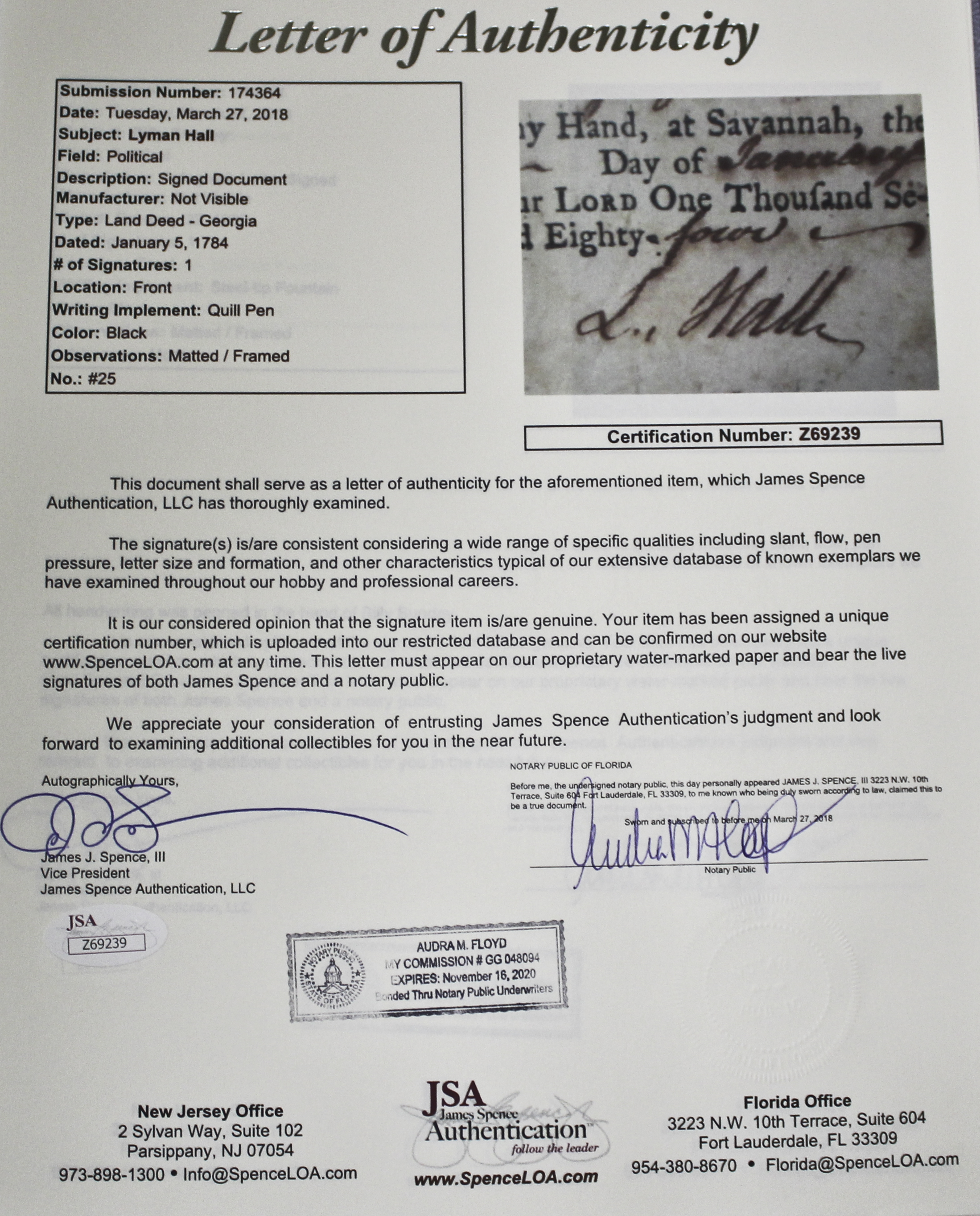 Dr. Lyman Hall Document Signed January 5, 1784