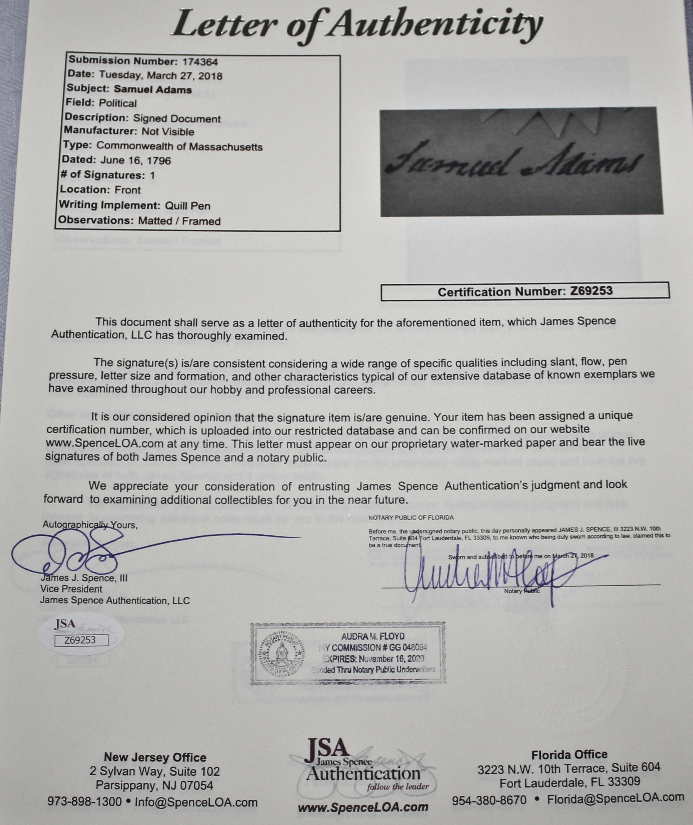 Samuel Adams Appointment Document Signed June 16, 1796