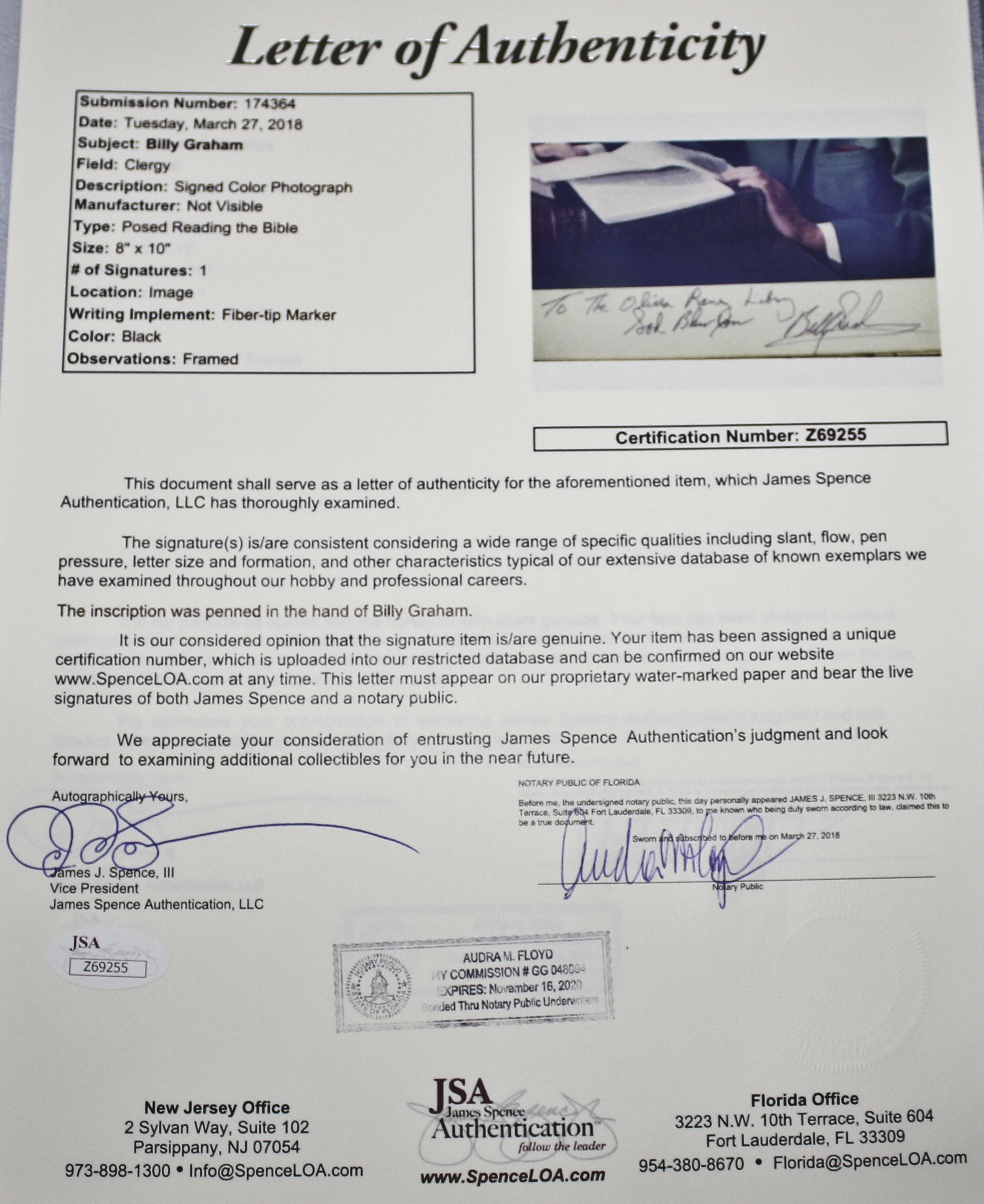 Reverend Billy Graham Signed Color Photograph