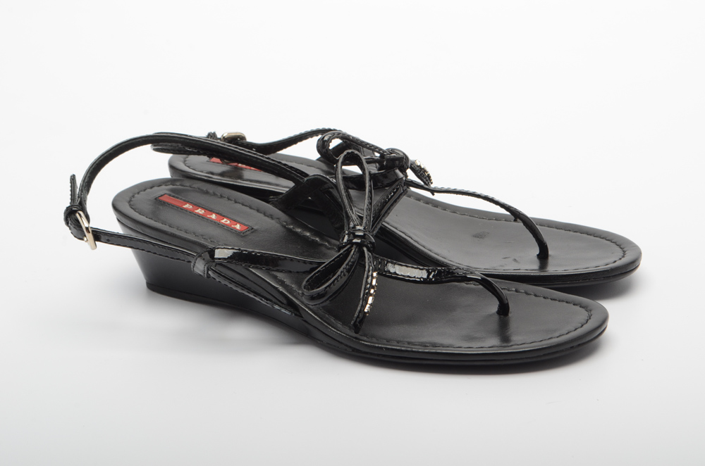 Prada Black Patent Leather Sandals