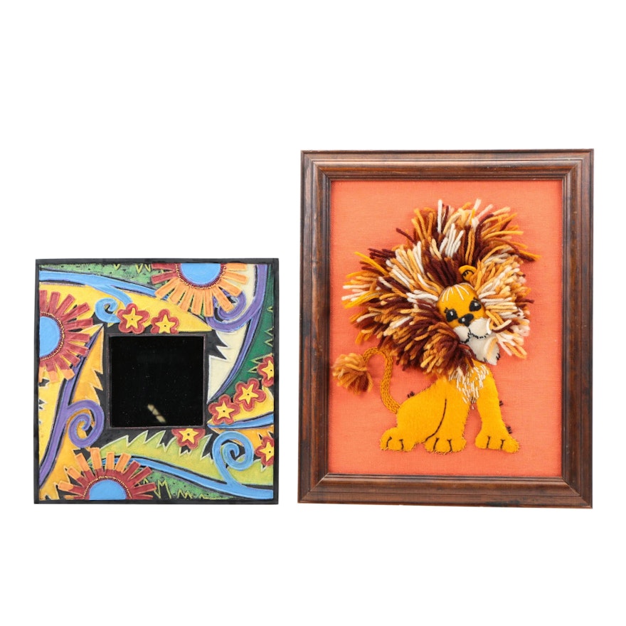 Floral Framed Wall Mirror and Stuffed Lion Embroidery