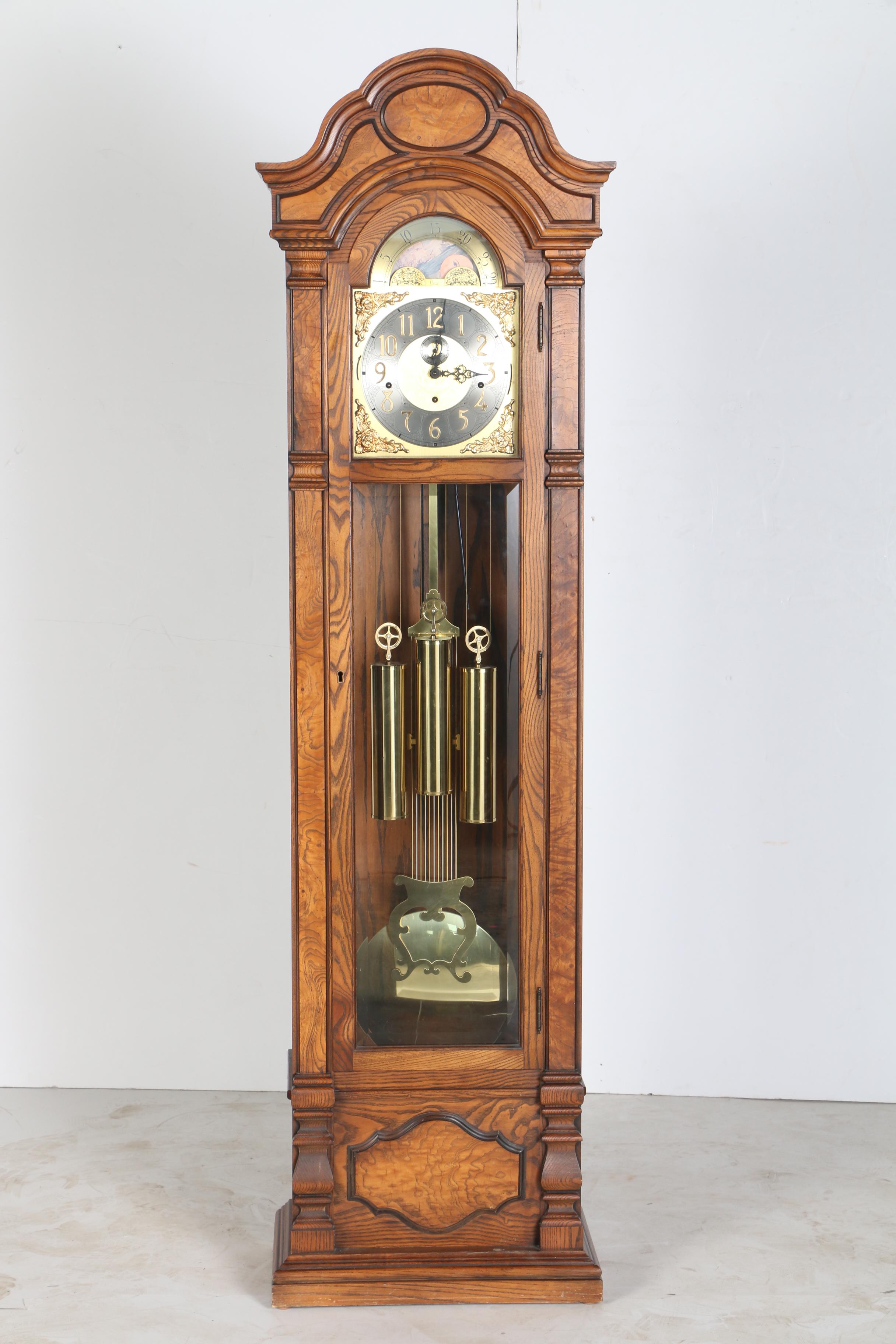 Colonial Oak Grandfather Clock with Moon Phase Dial