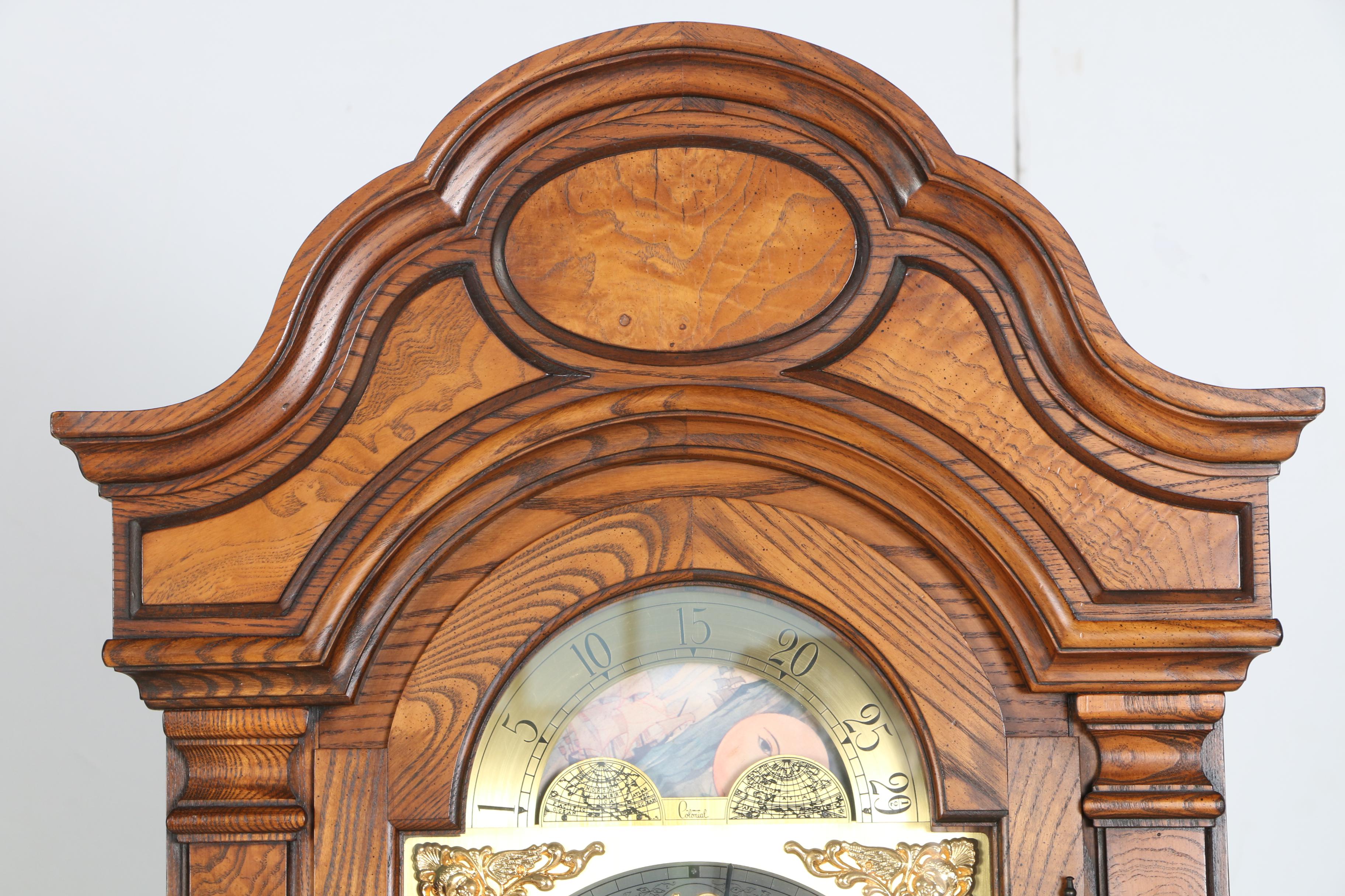 Colonial Oak Grandfather Clock with Moon Phase Dial