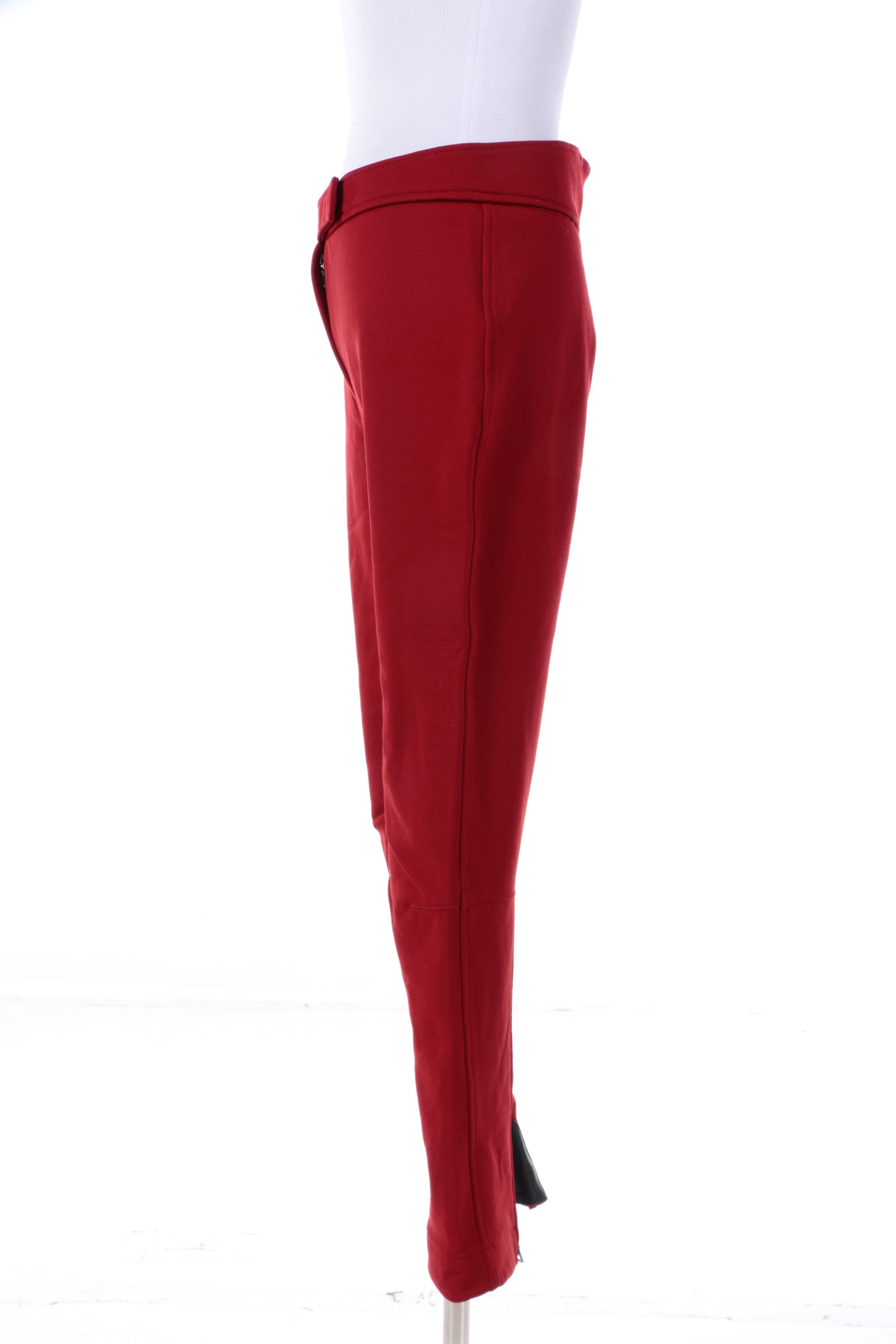 Women's Prada Red Wool Blend Trousers Trimmed in Black Leather