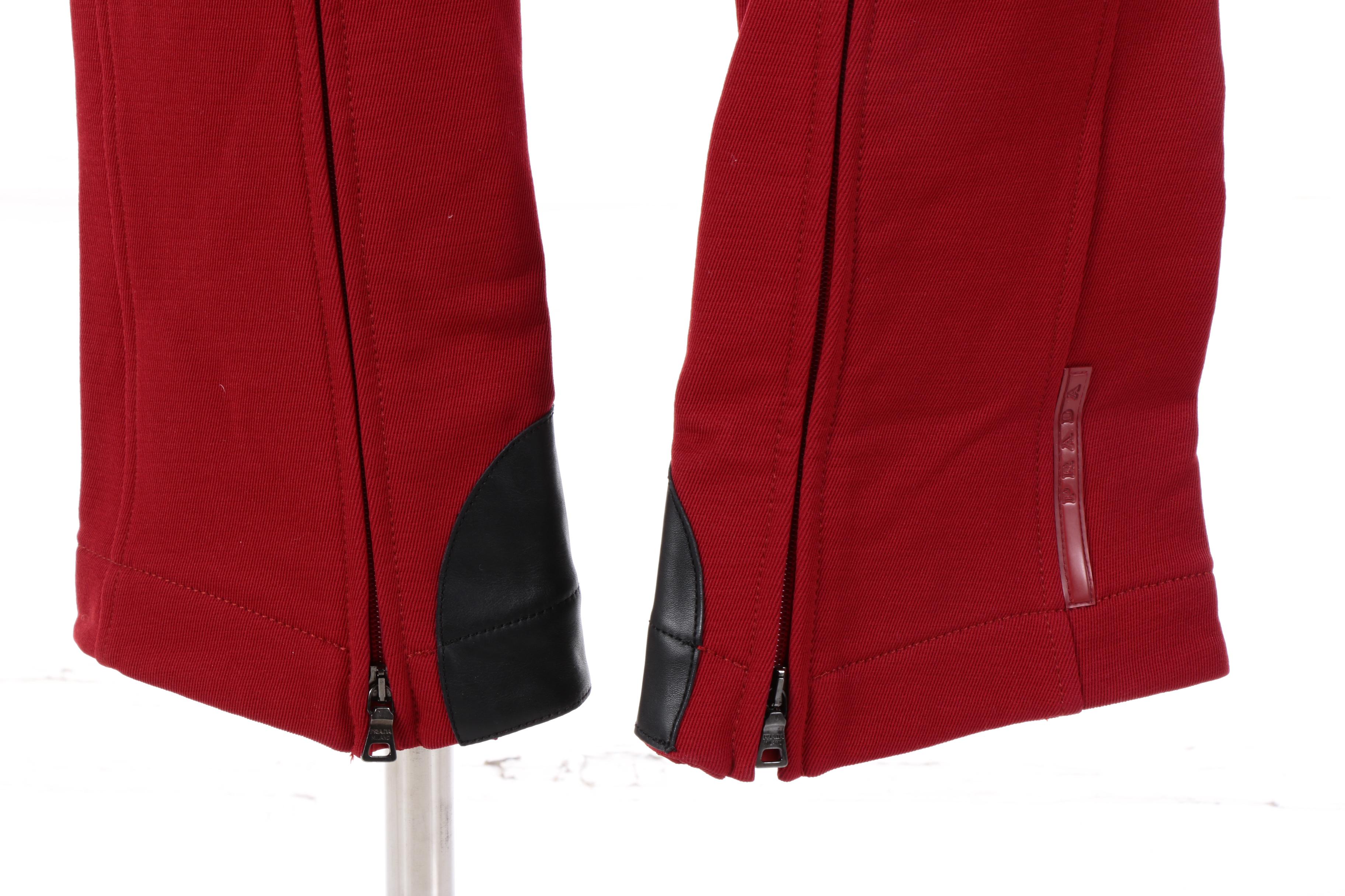 Women's Prada Red Wool Blend Trousers Trimmed in Black Leather