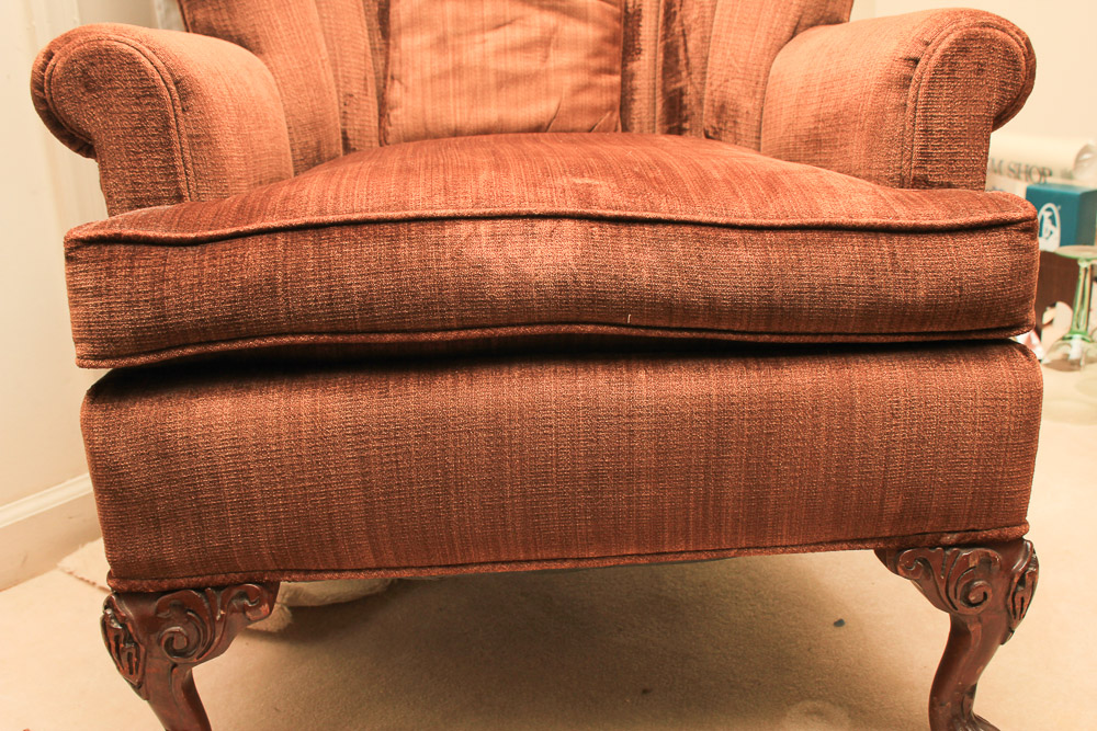 Vintage Chippendale Style Brown Upholstered Fanback Chair