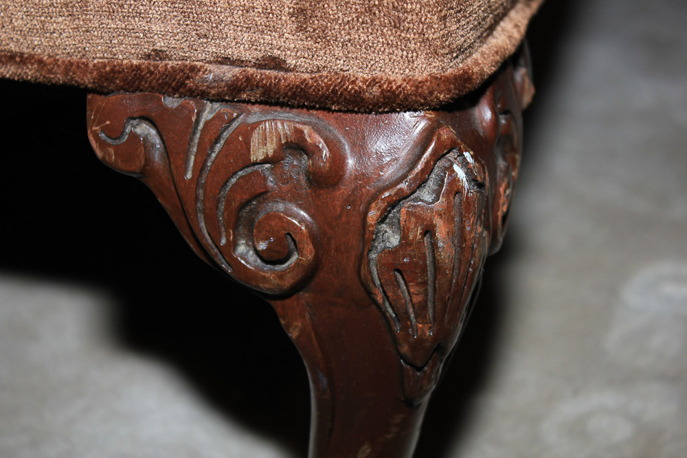 Vintage Chippendale Style Brown Upholstered Fanback Chair