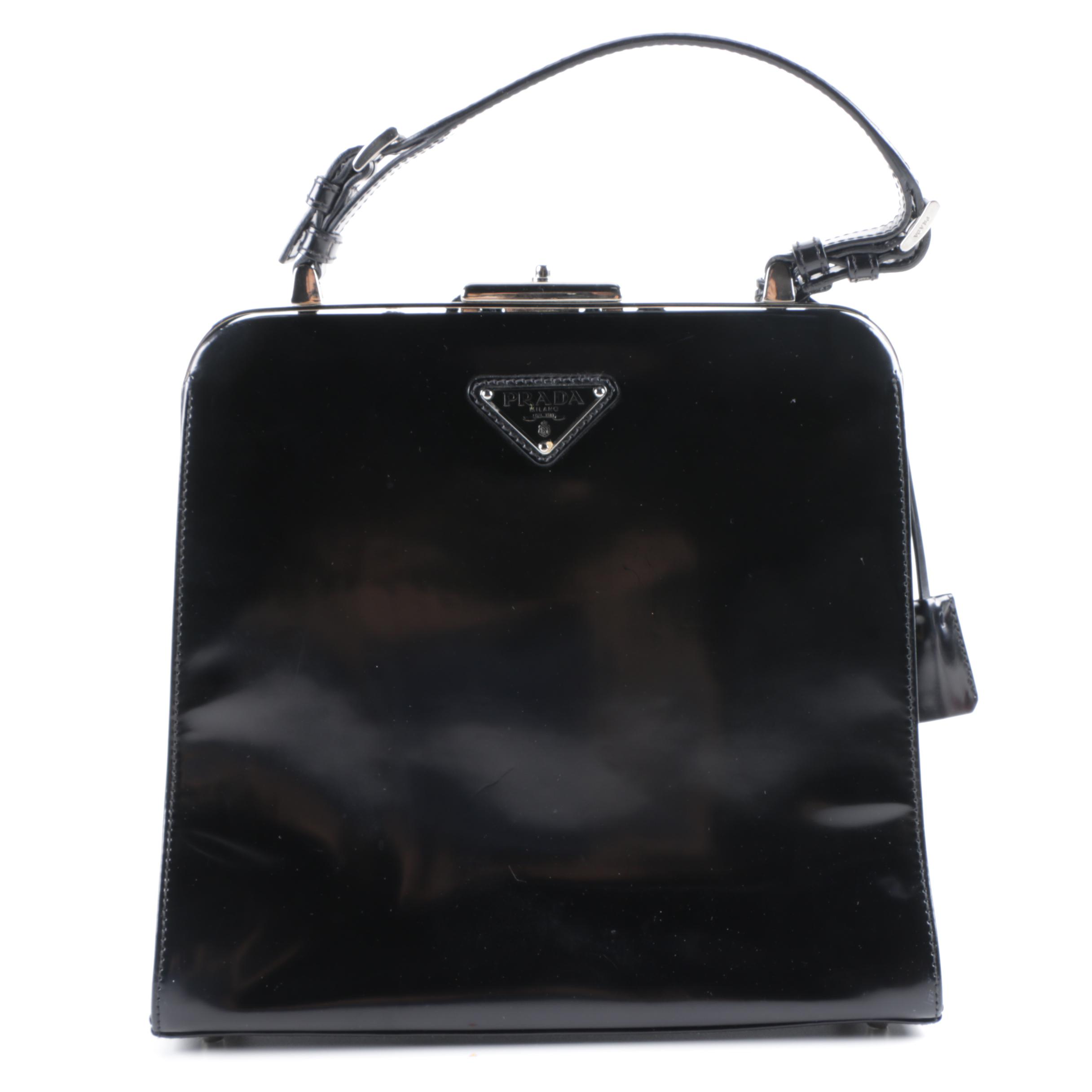 Prada Milano Black Patent Leather Frame Embellished Bag