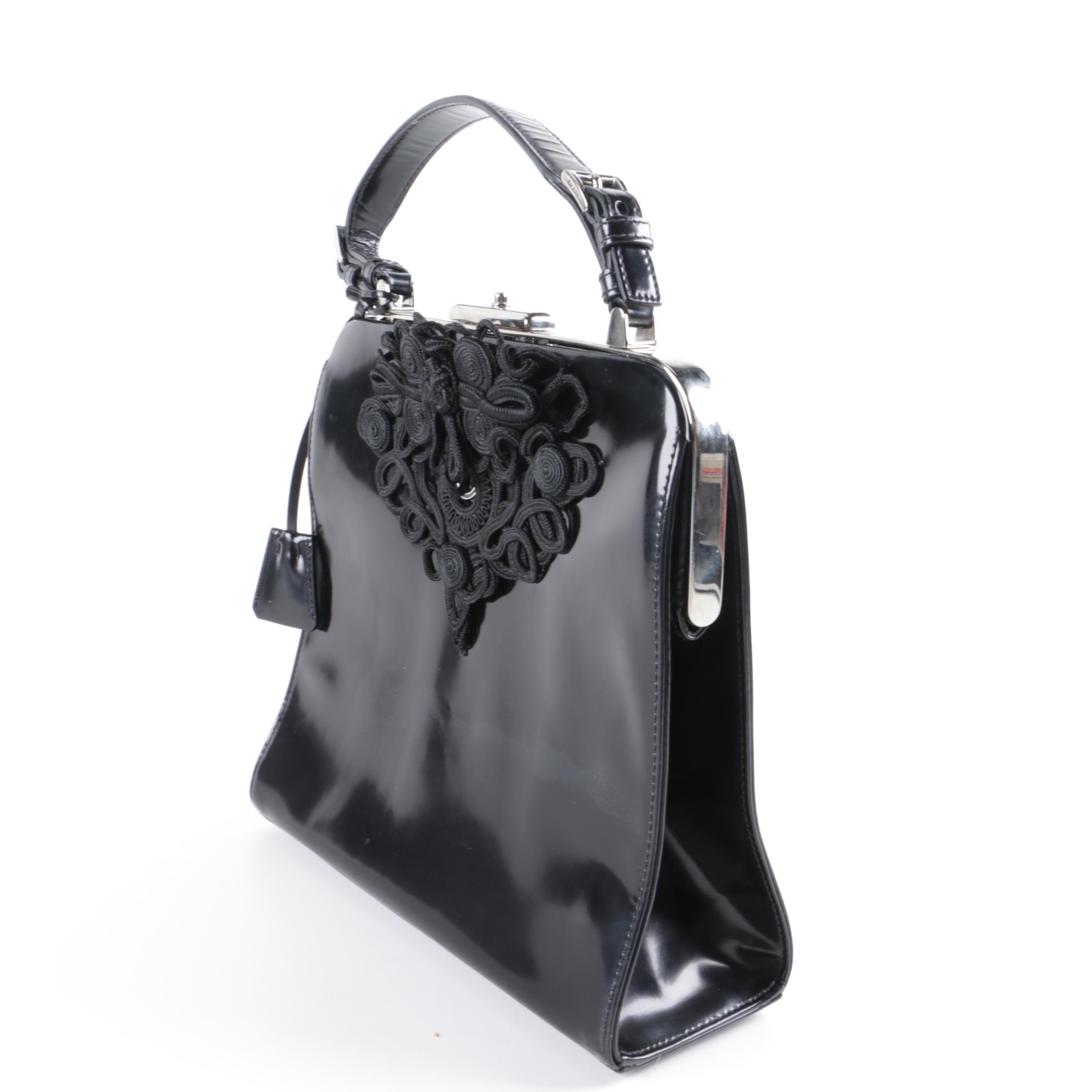 Prada Milano Black Patent Leather Frame Embellished Bag
