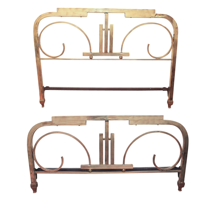 Vintage European Art Deco Solid Brass Full Size Headboard and Footboard