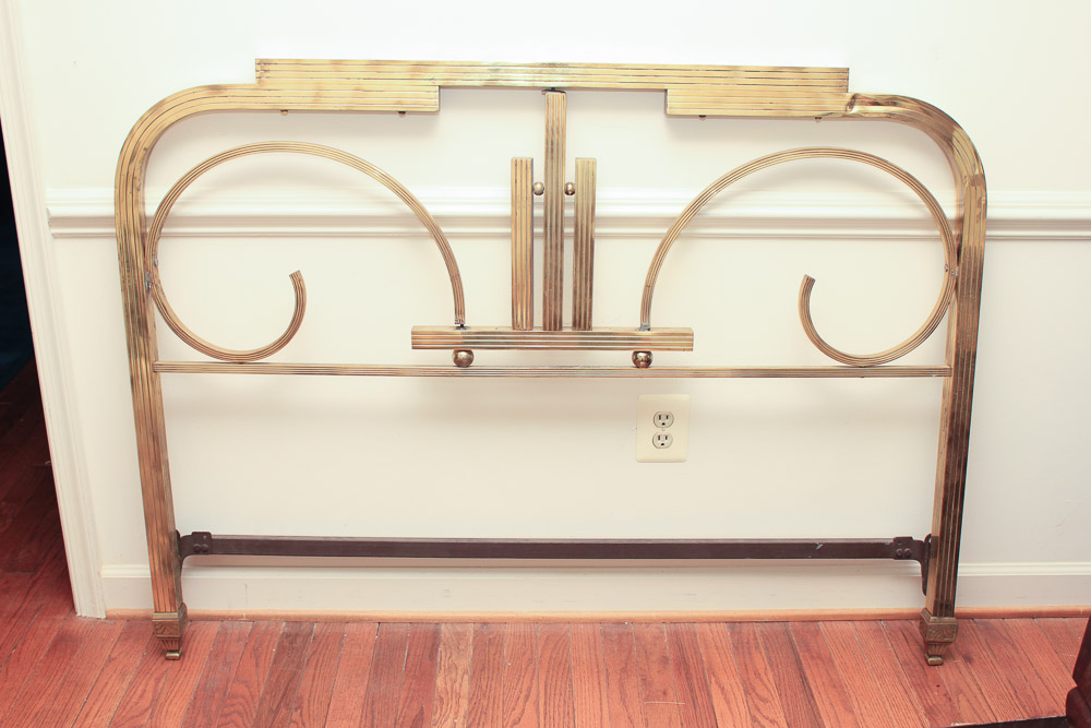 Vintage European Art Deco Solid Brass Full Size Headboard and Footboard
