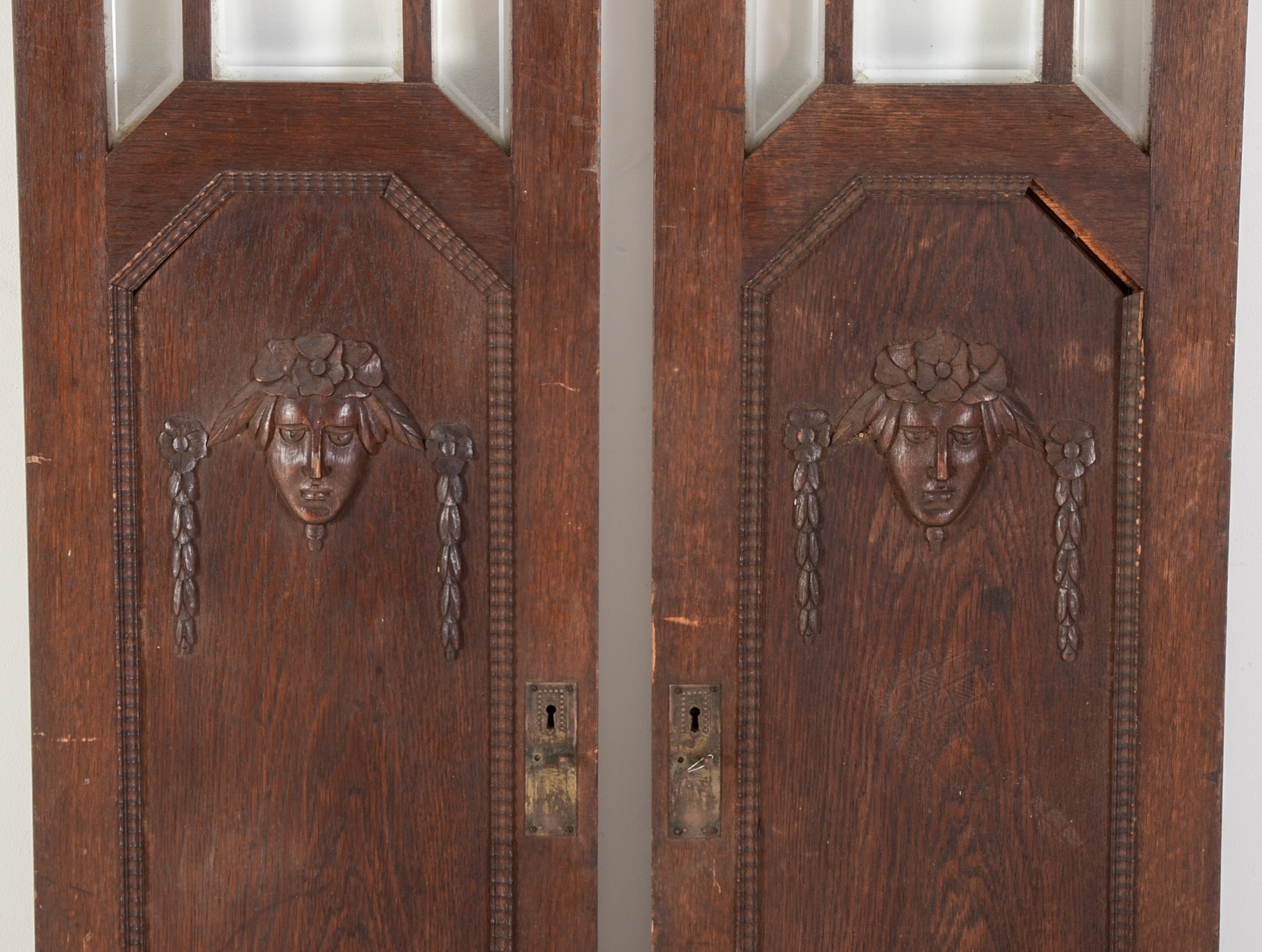Pair of Art Deco Carved Oak Cabinet Doors