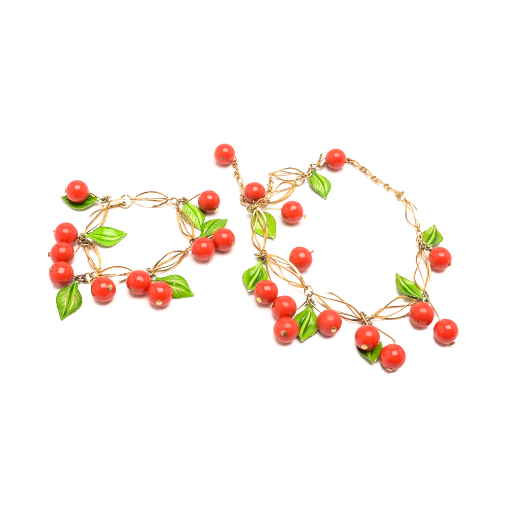Vintage Gold Tone Cherry Necklace and Bracelet Set