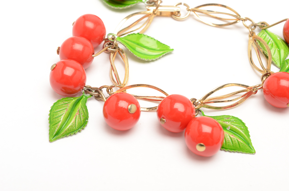 Vintage Gold Tone Cherry Necklace and Bracelet Set