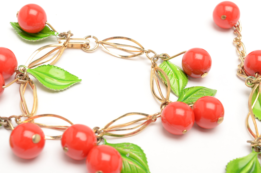 Vintage Gold Tone Cherry Necklace and Bracelet Set