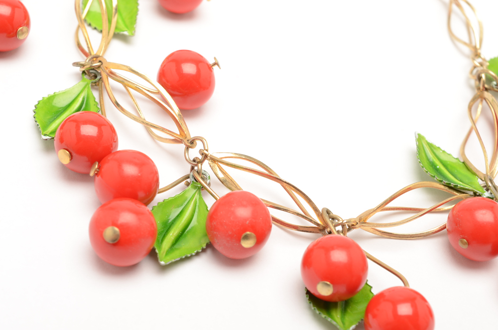 Vintage Gold Tone Cherry Necklace and Bracelet Set