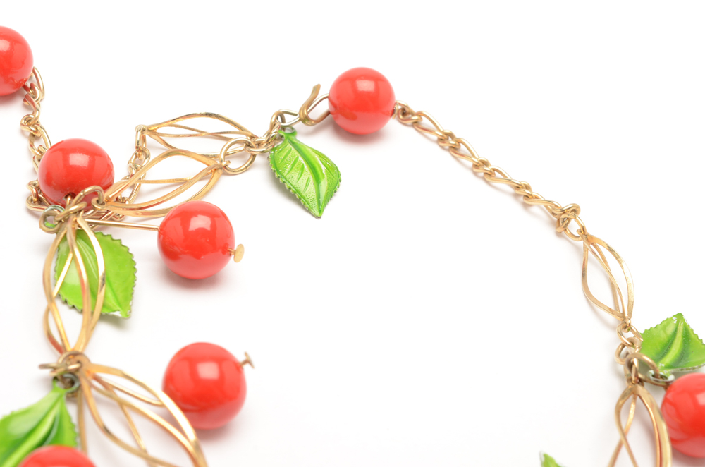 Vintage Gold Tone Cherry Necklace and Bracelet Set