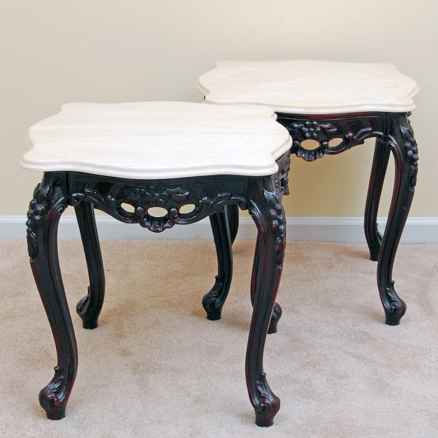 Pair of Rococo Style Mahogany and White Faux Marble Side Tables