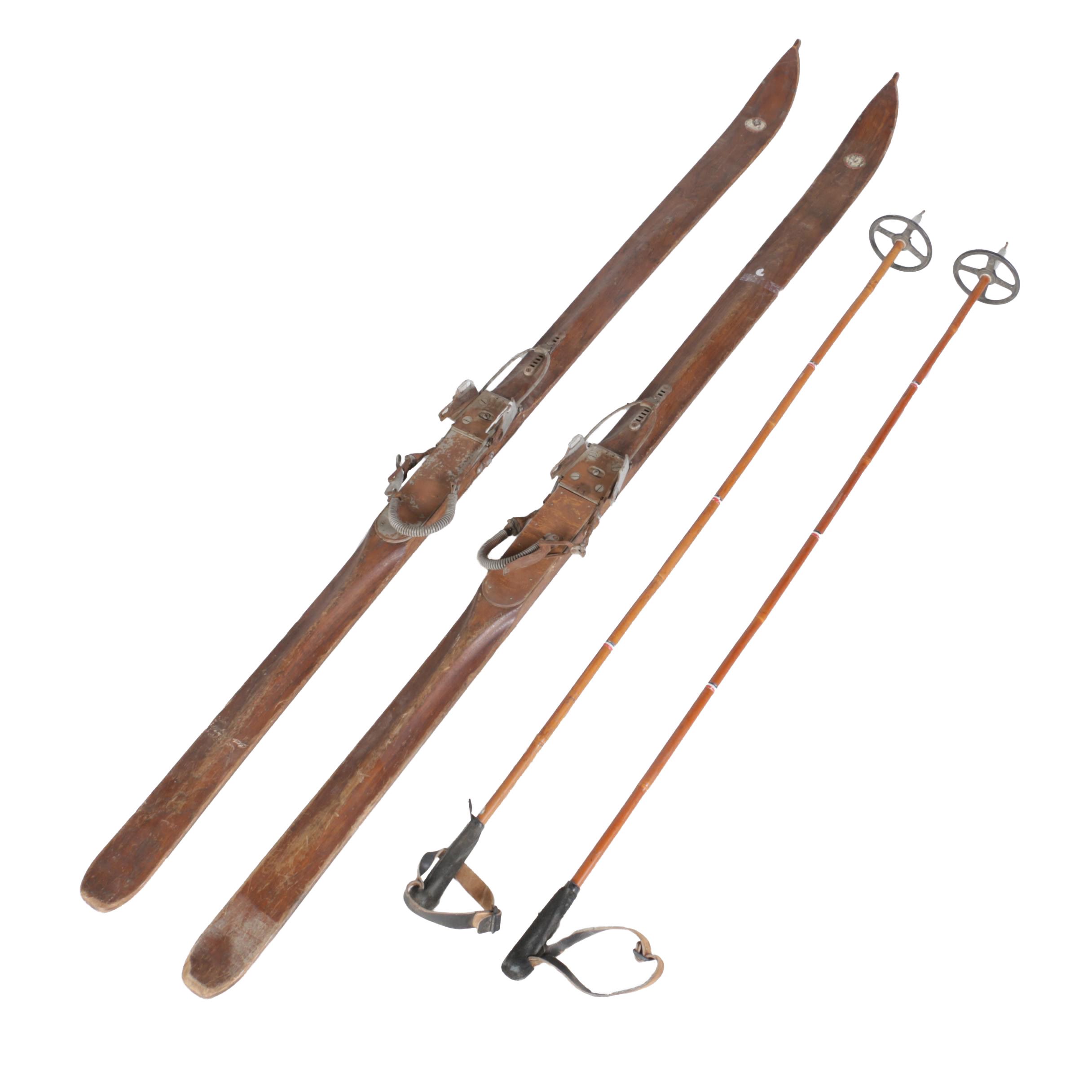 Vintage Abercrombie & Fitch Hickory Skis and Bamboo Ski Poles
