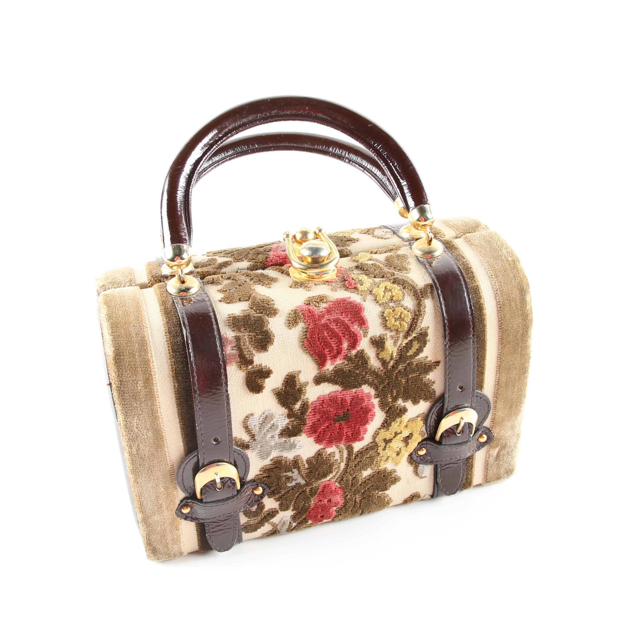 Vintage Tano of Madrid Flocked Doctor's Bag Purse, Made in Spain