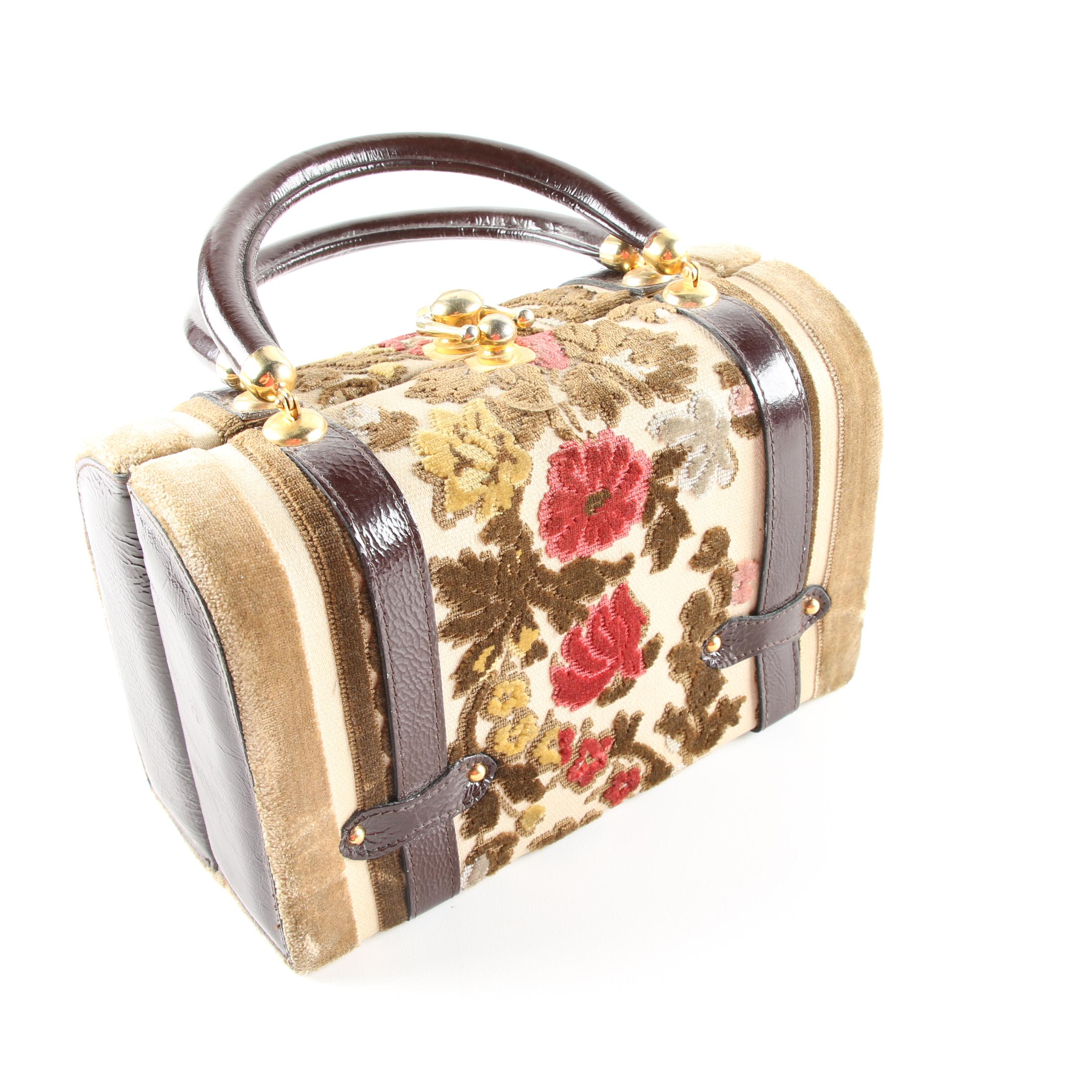 Vintage Tano of Madrid Flocked Doctor's Bag Purse, Made in Spain