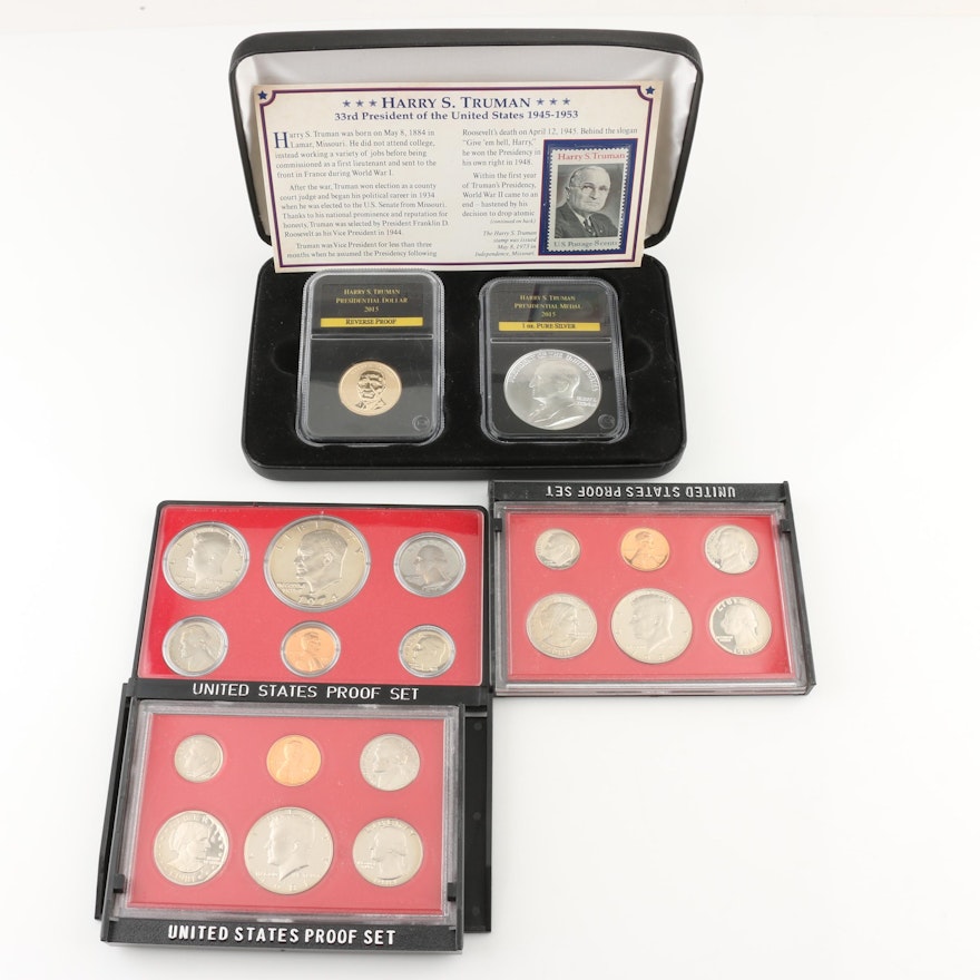 Harry Truman Commemorative Coin Set and Three U.S. Proof Sets