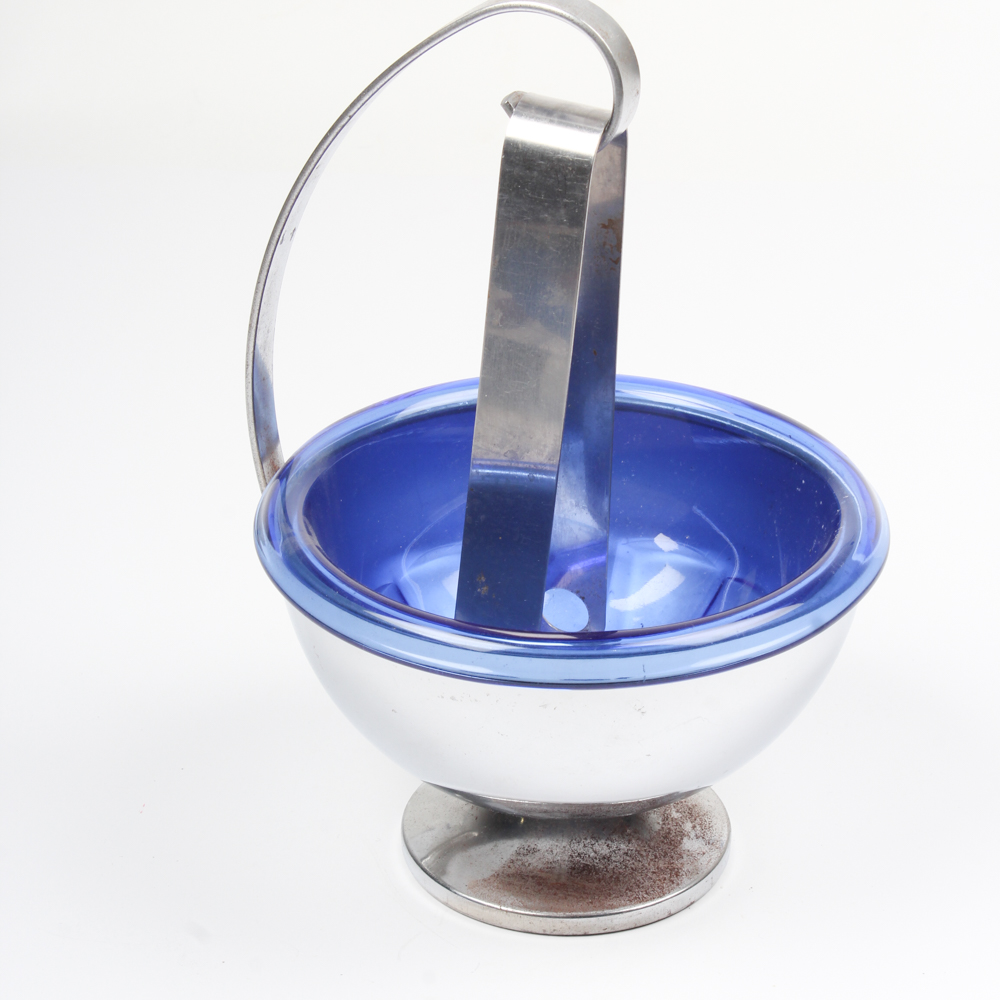 Modern Stainless Steel and Glass Serving Bowl with Tongs