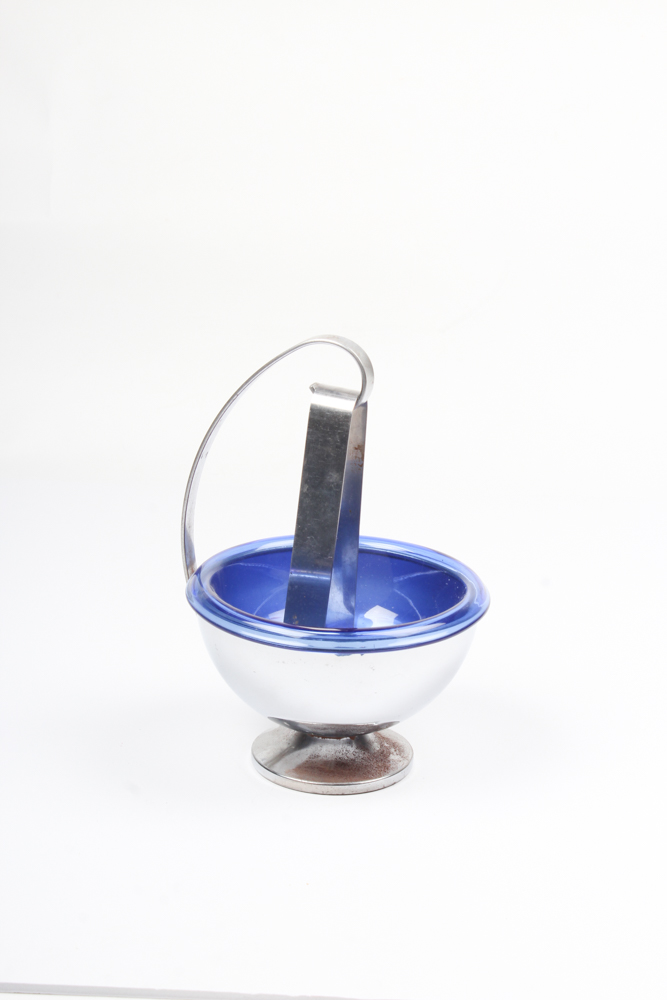 Modern Stainless Steel and Glass Serving Bowl with Tongs