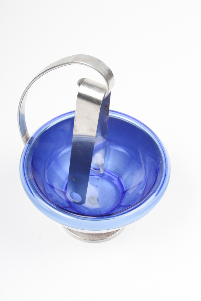 Modern Stainless Steel and Glass Serving Bowl with Tongs