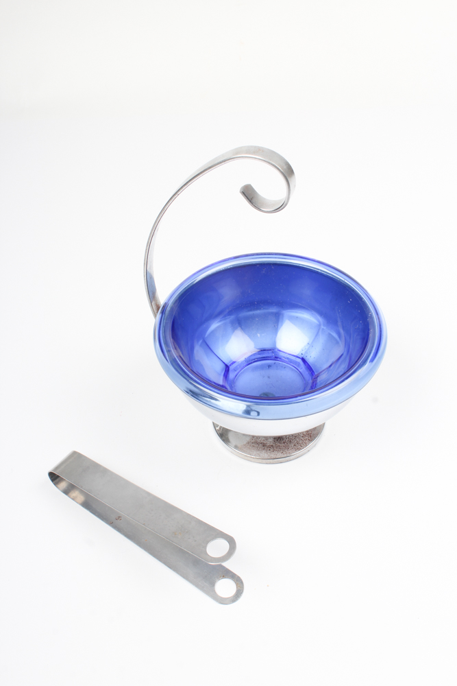 Modern Stainless Steel and Glass Serving Bowl with Tongs