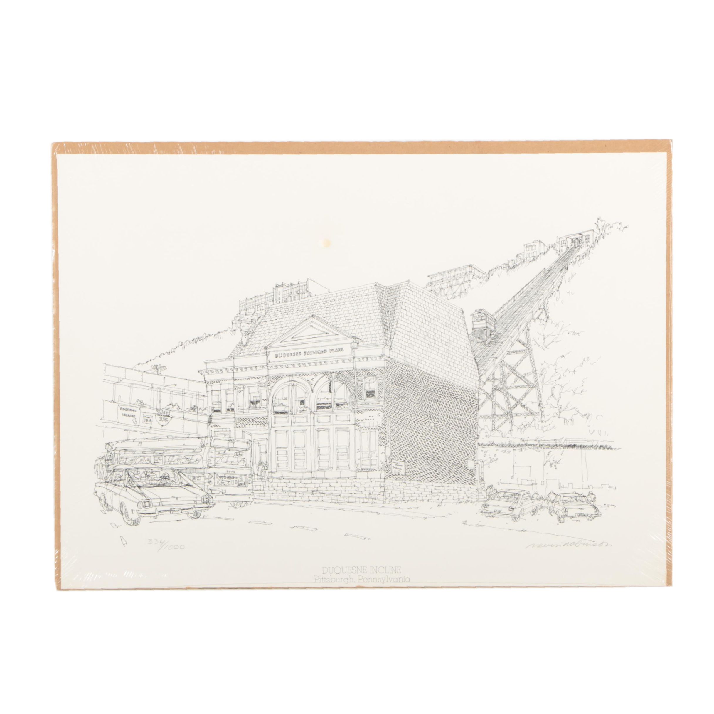 Nevin Robinson Lithograph of Pittsburgh's "Duquesne Incline"