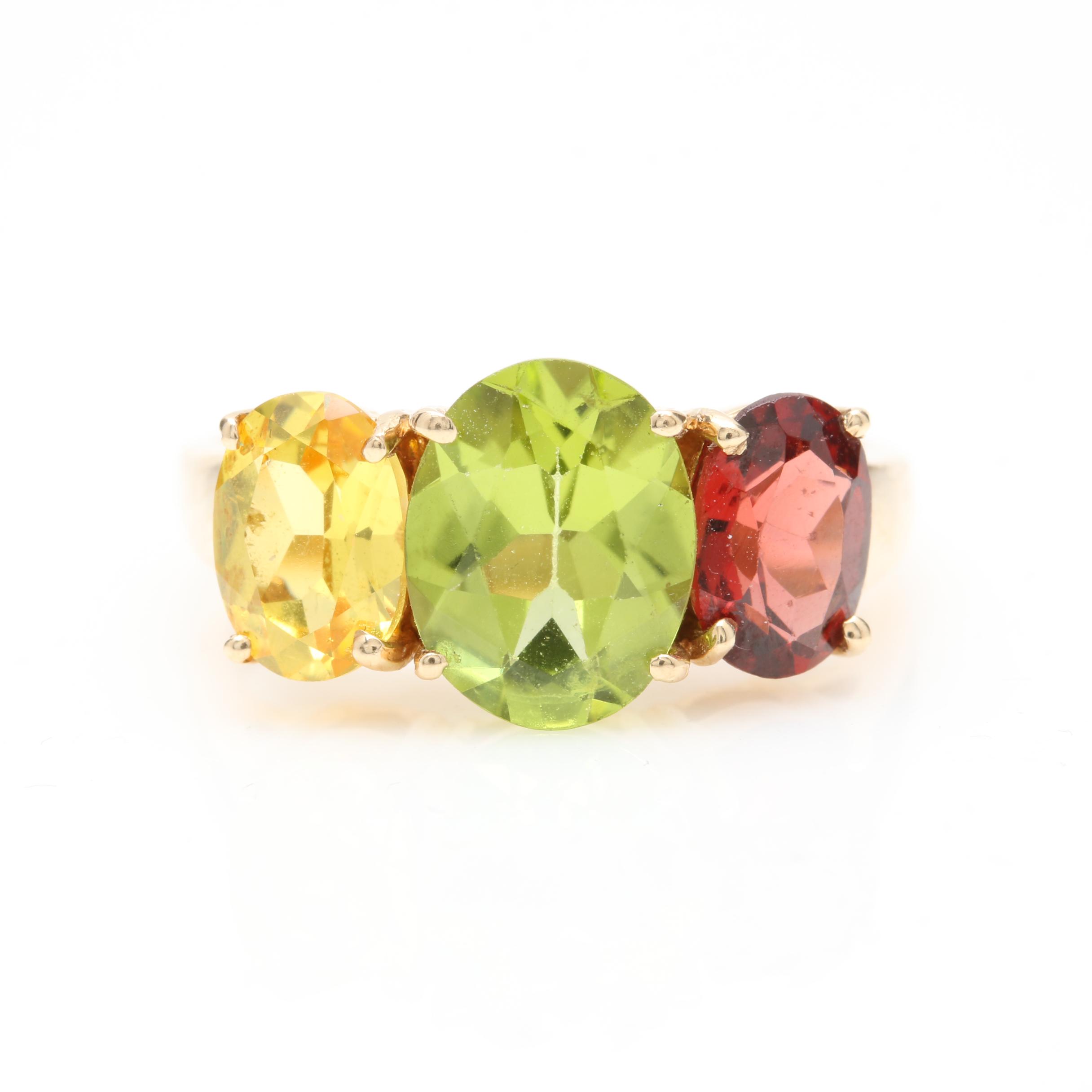 14K Yellow Gold Peridot, Garnet, and Synthetic Yellow Sapphire Ring