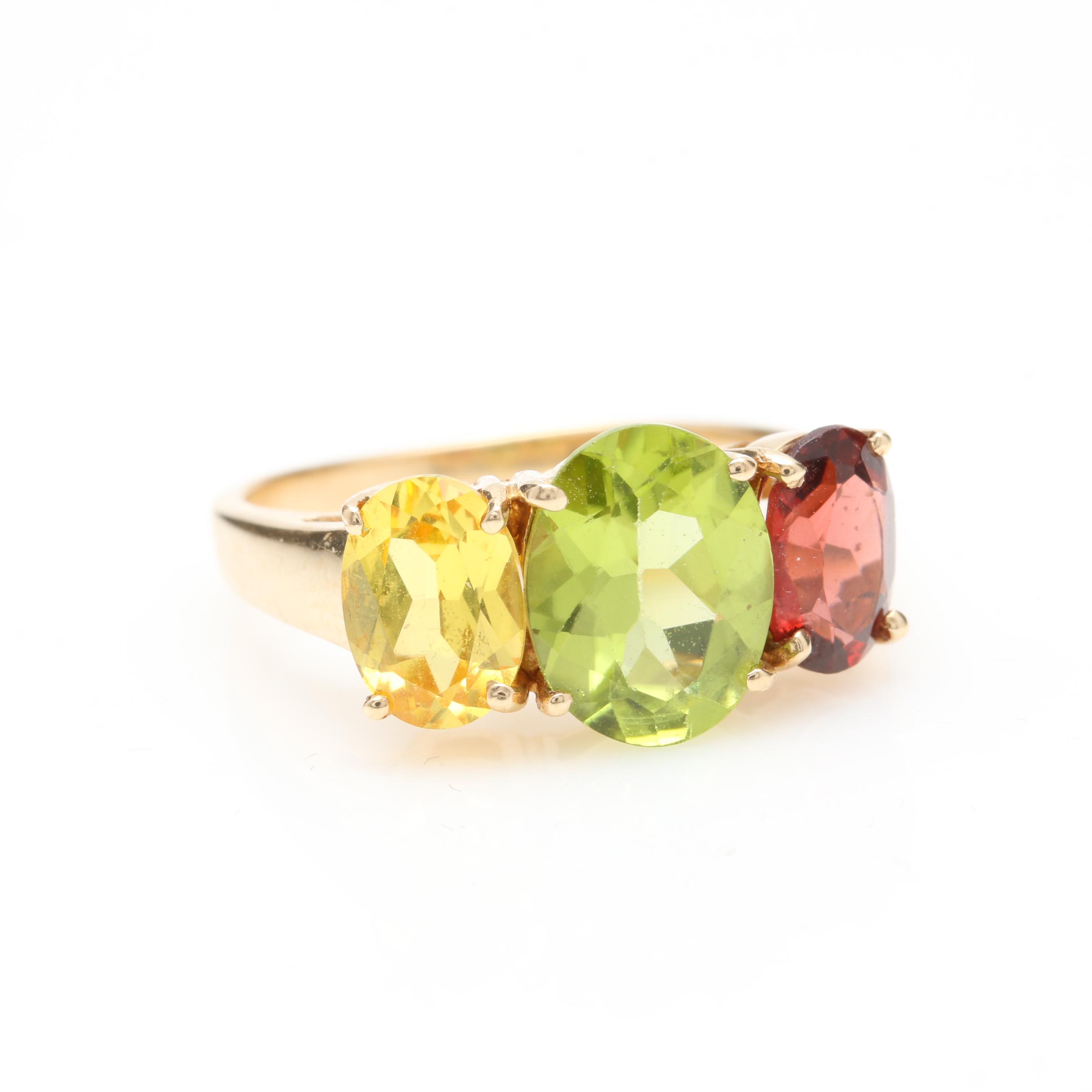 14K Yellow Gold Peridot, Garnet, and Synthetic Yellow Sapphire Ring