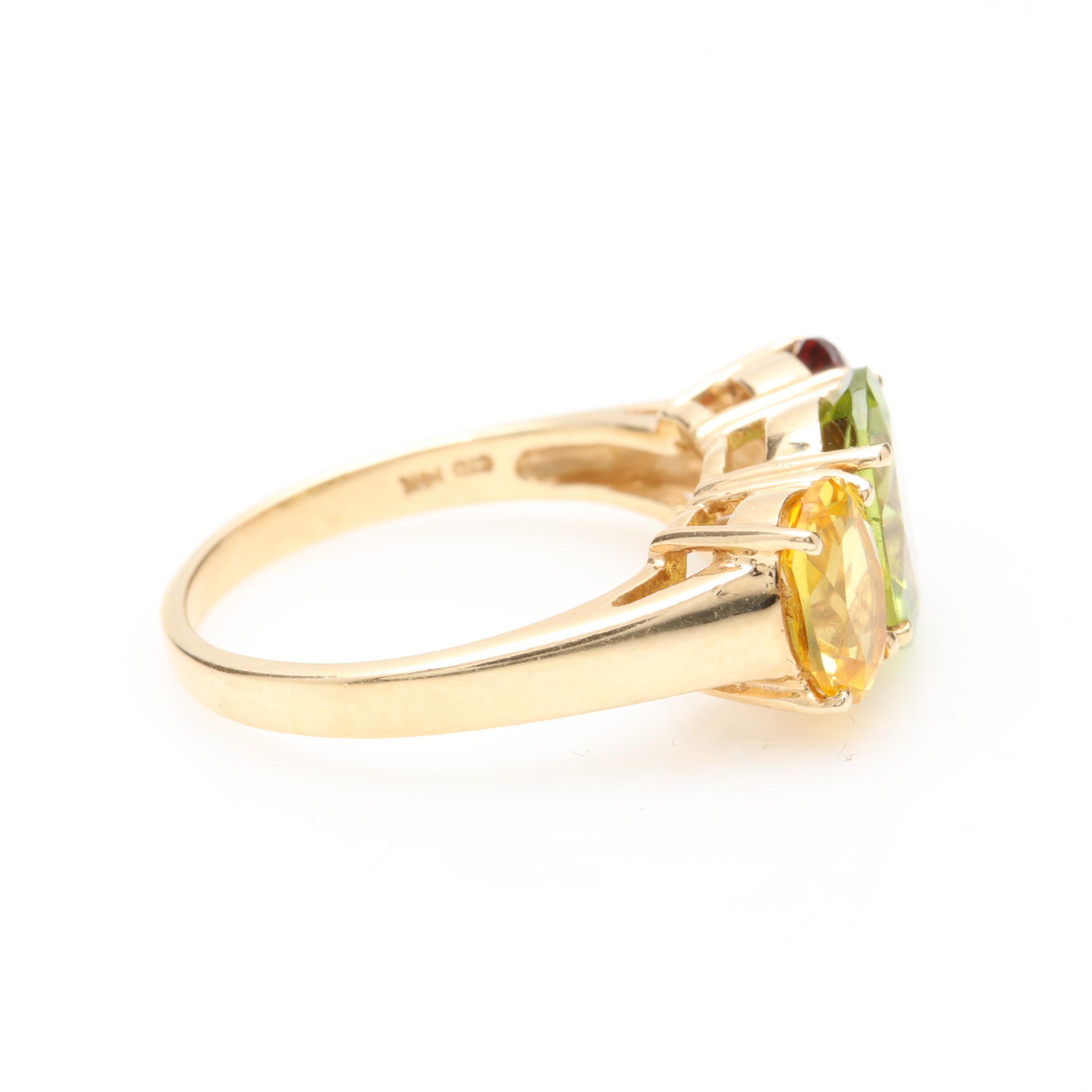 14K Yellow Gold Peridot, Garnet, and Synthetic Yellow Sapphire Ring