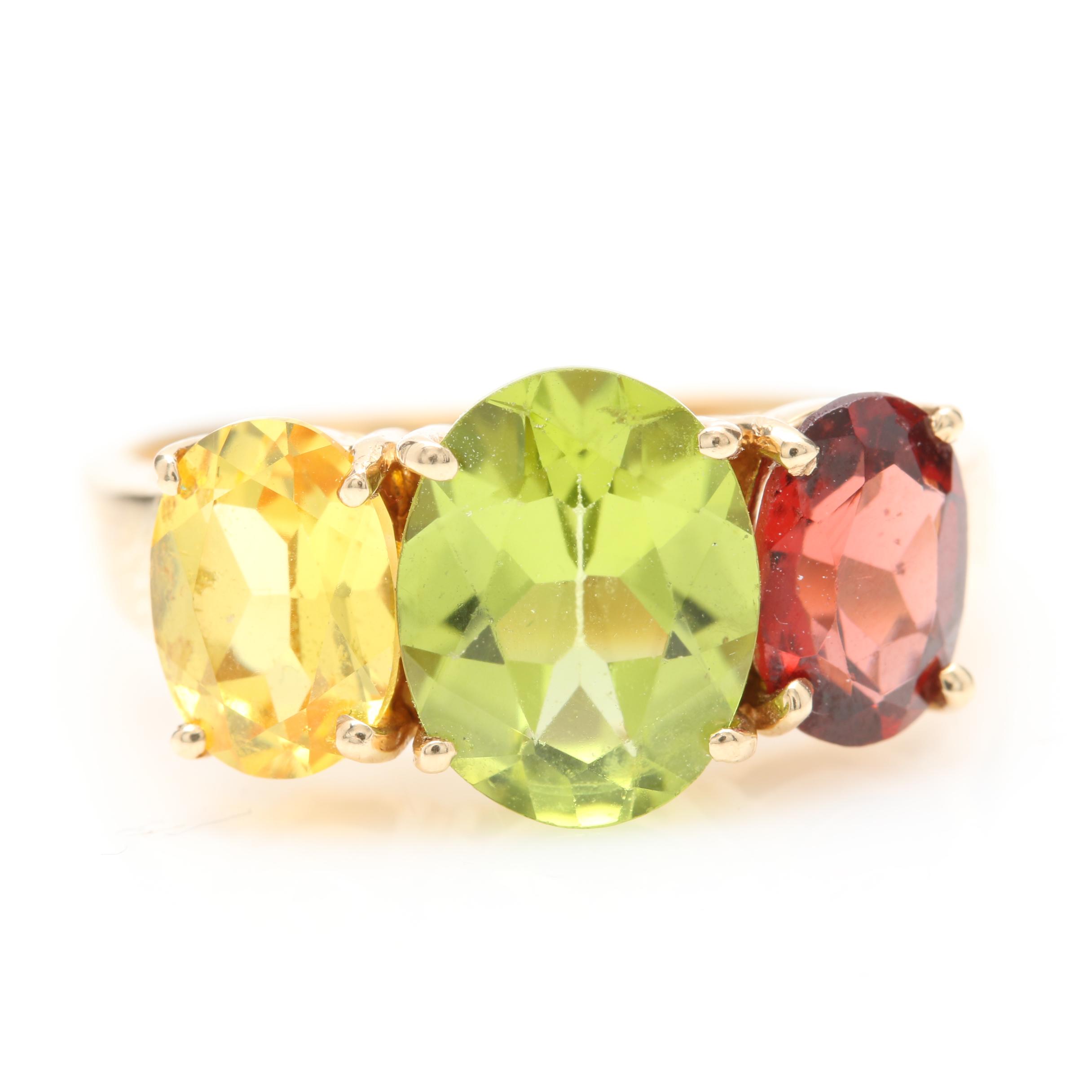 14K Yellow Gold Peridot, Garnet, and Synthetic Yellow Sapphire Ring