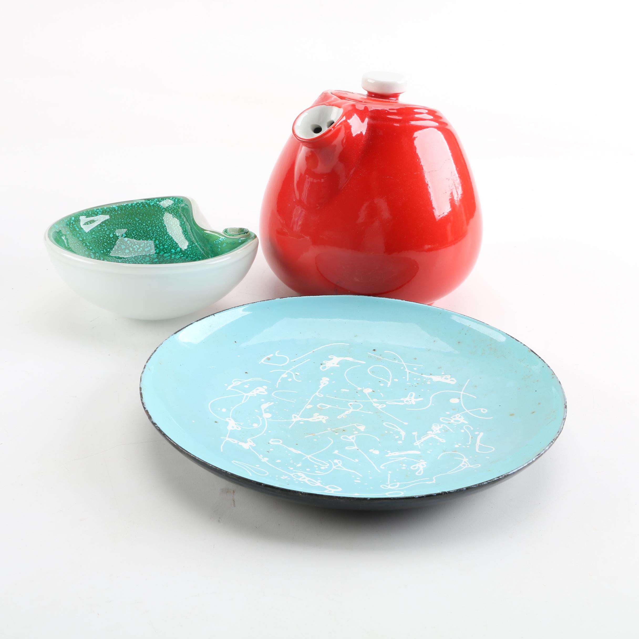 Blown Glass Bowl with Vintage Hall "Chinese Red" Teapot and Andor Enameled Plate