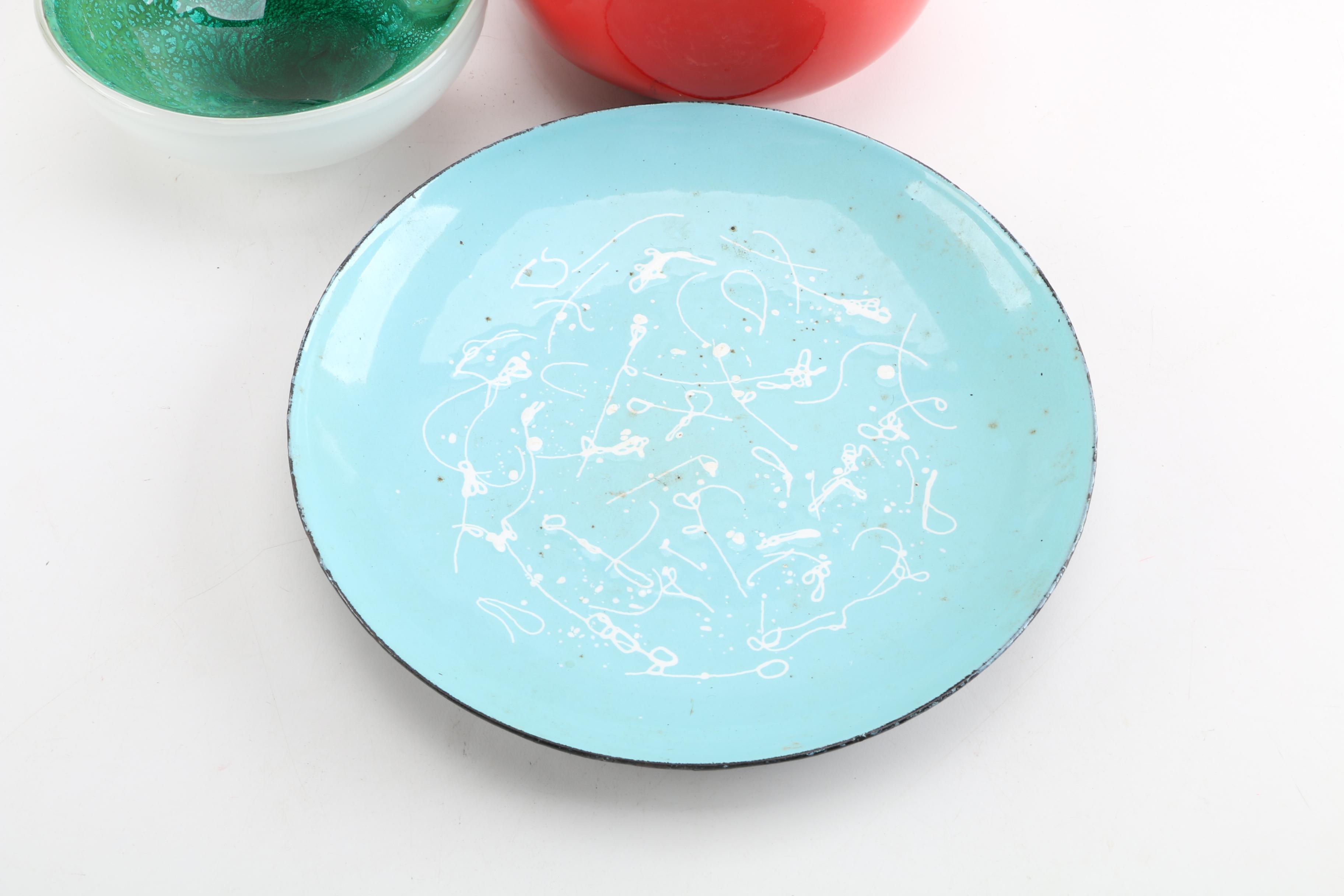 Blown Glass Bowl with Vintage Hall "Chinese Red" Teapot and Andor Enameled Plate