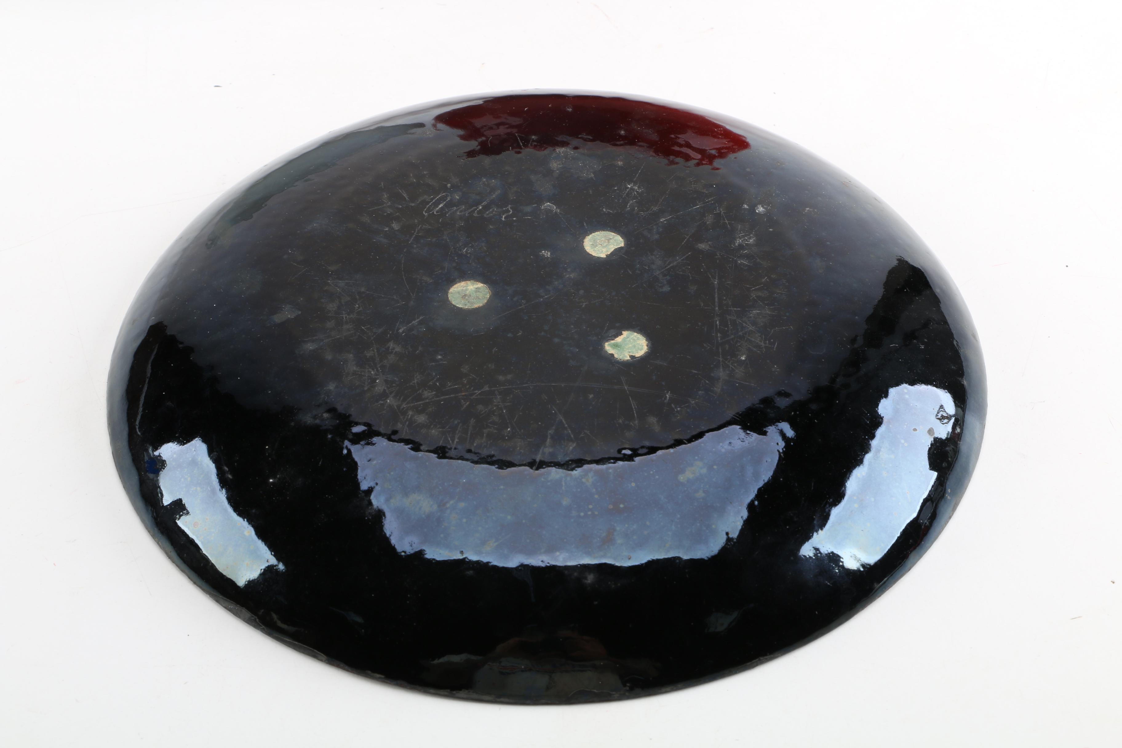 Blown Glass Bowl with Vintage Hall "Chinese Red" Teapot and Andor Enameled Plate