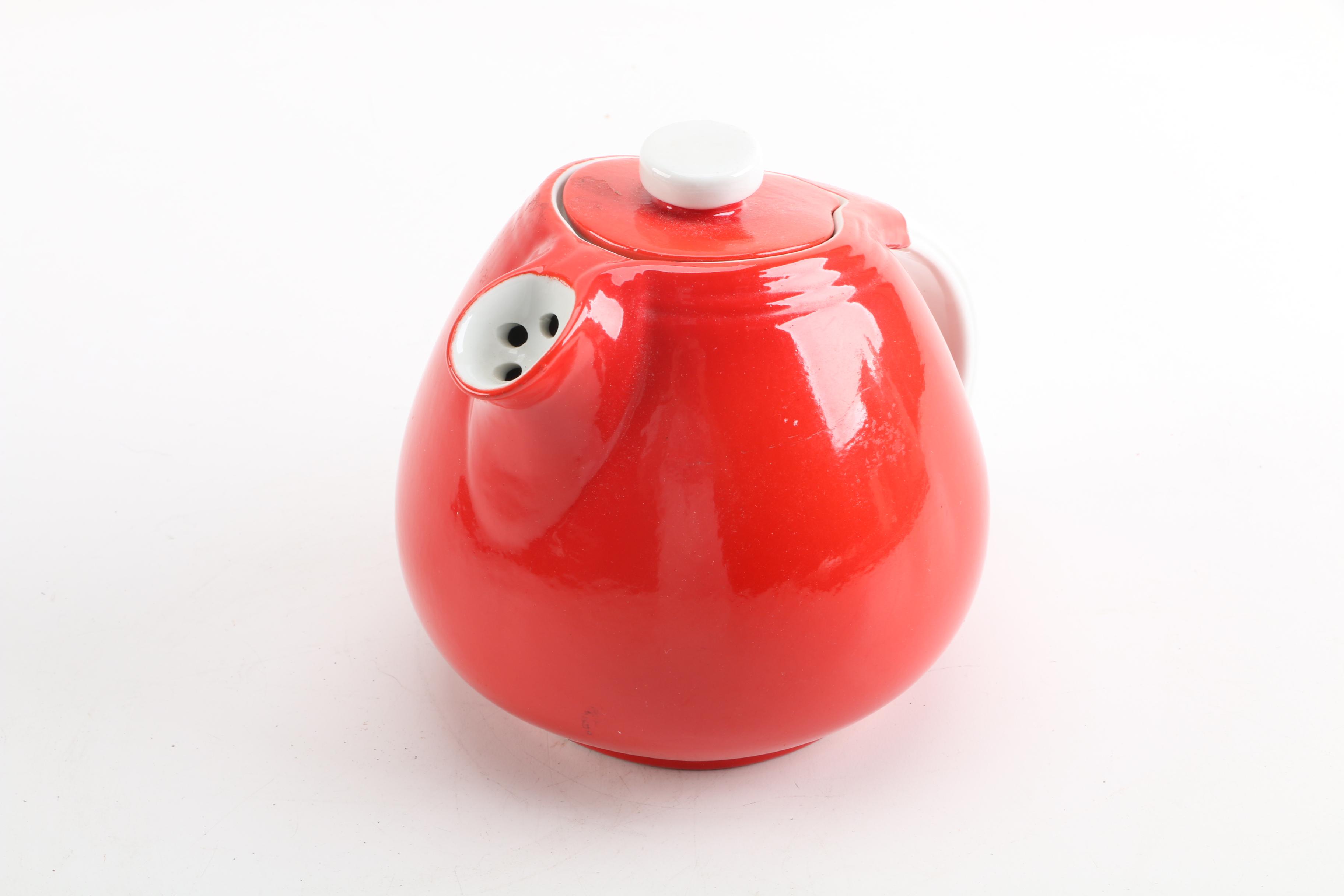 Blown Glass Bowl with Vintage Hall "Chinese Red" Teapot and Andor Enameled Plate