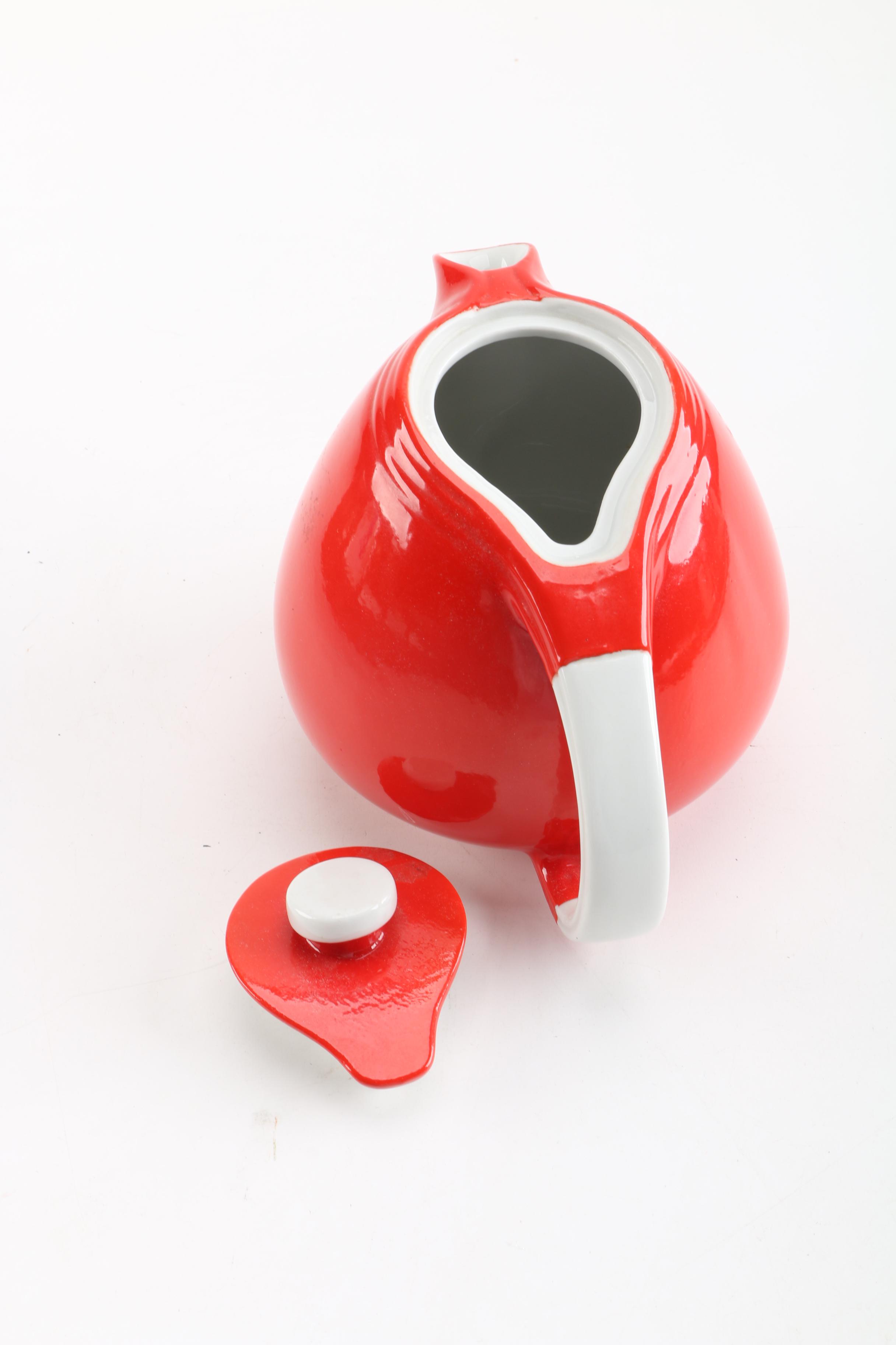 Blown Glass Bowl with Vintage Hall "Chinese Red" Teapot and Andor Enameled Plate